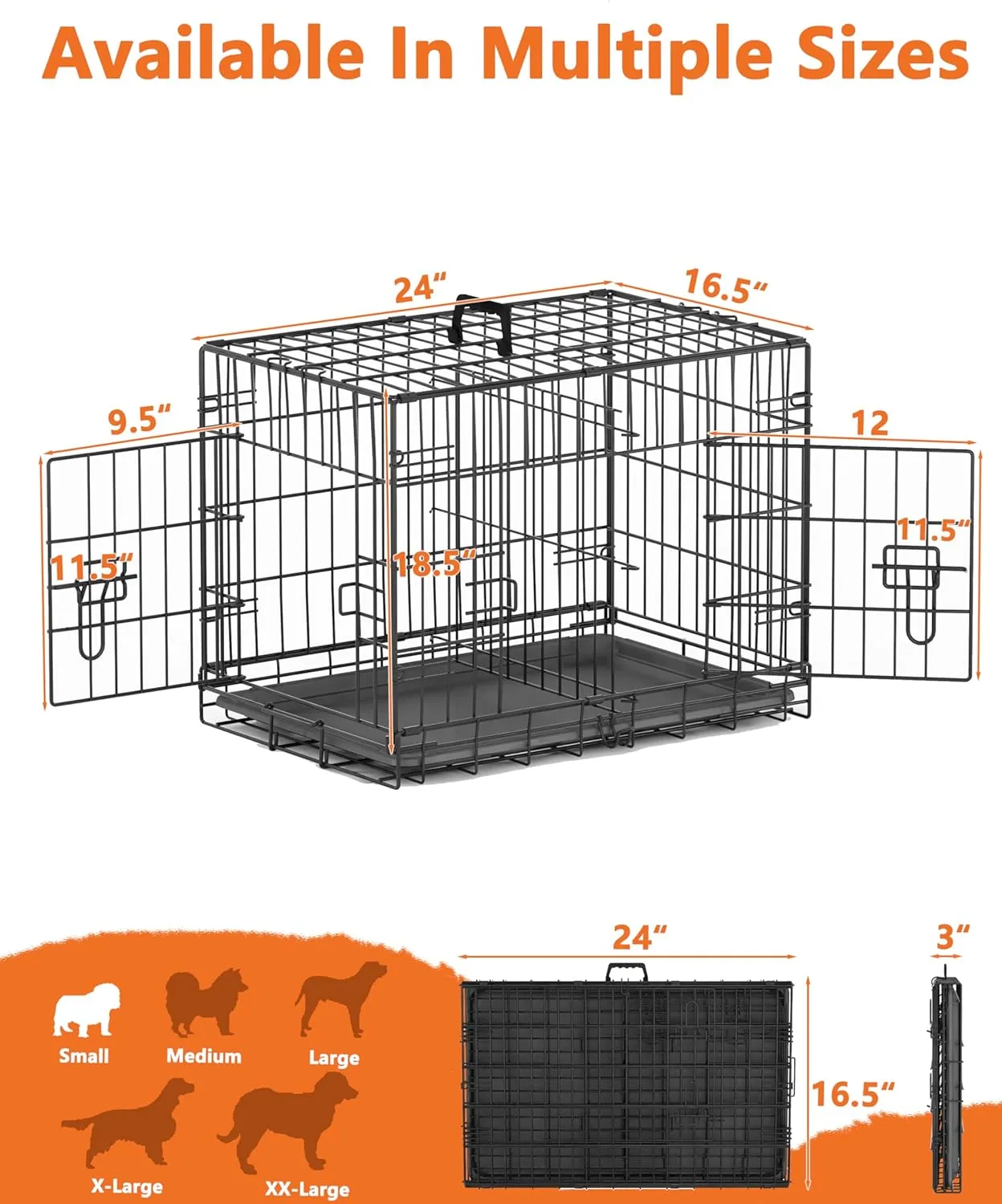 Piskyet 24 Inch Double Door Small Dog Crate with Divider Panel and Leak- Proof Pan Tray, Folding Metal Wire Pet Kennel for Indoor,Antigue Color