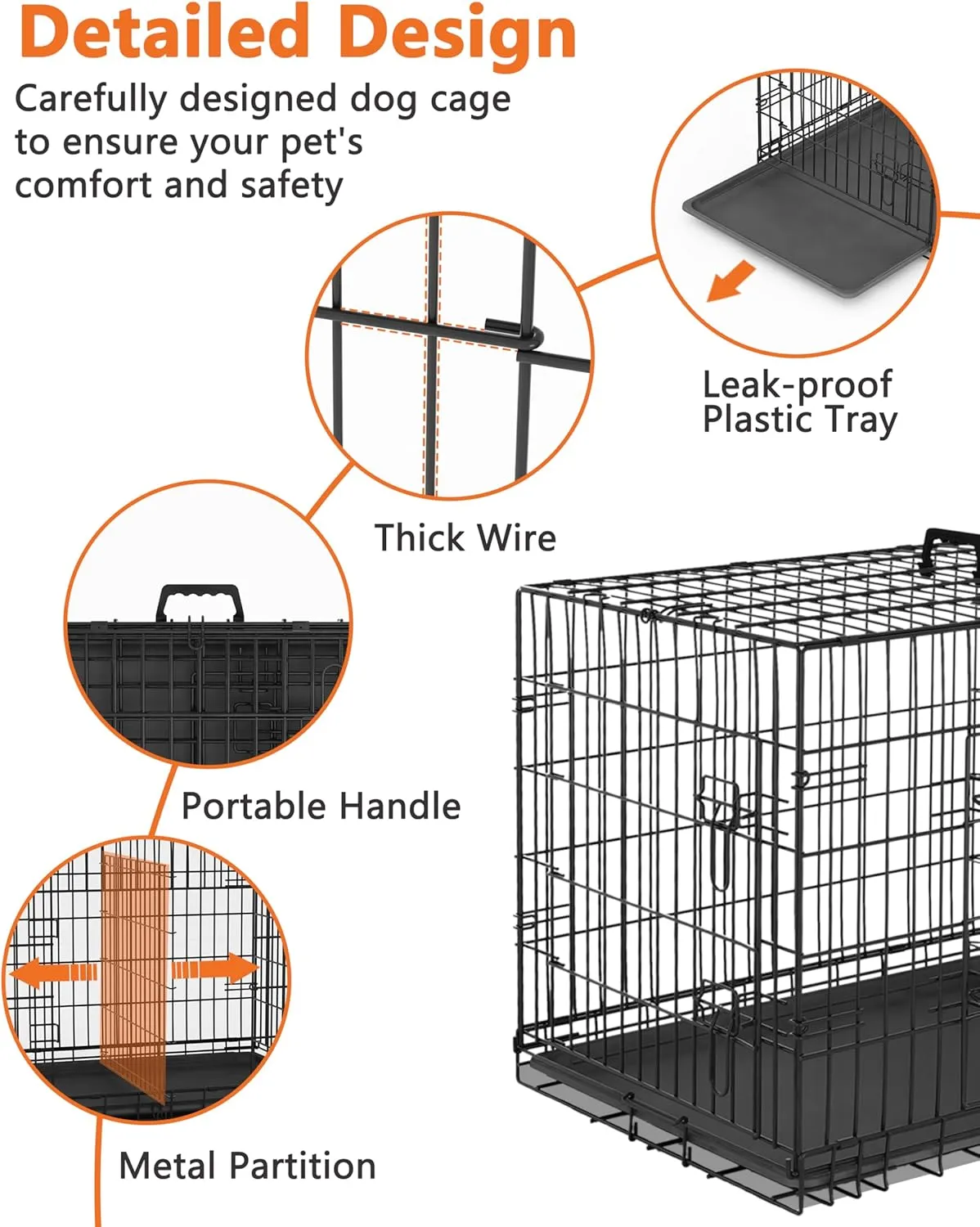 Piskyet 24 Inch Double Door Small Dog Crate with Divider Panel and Leak- Proof Pan Tray, Folding Metal Wire Pet Kennel for Indoor,Antigue Color
