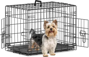 Piskyet 24 Inch Double Door Small Dog Crate with Divider Panel and Leak- Proof Pan Tray, Folding Metal Wire Pet Kennel for Indoor,Antigue Color