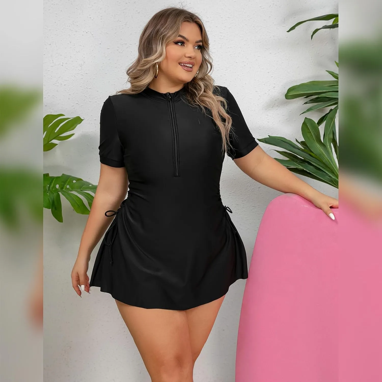 Plus Size Rash Guard for Women Zip Up High Stretchy Long Sleeve One Piece Sun Protection Swimsuits Bathing Suit