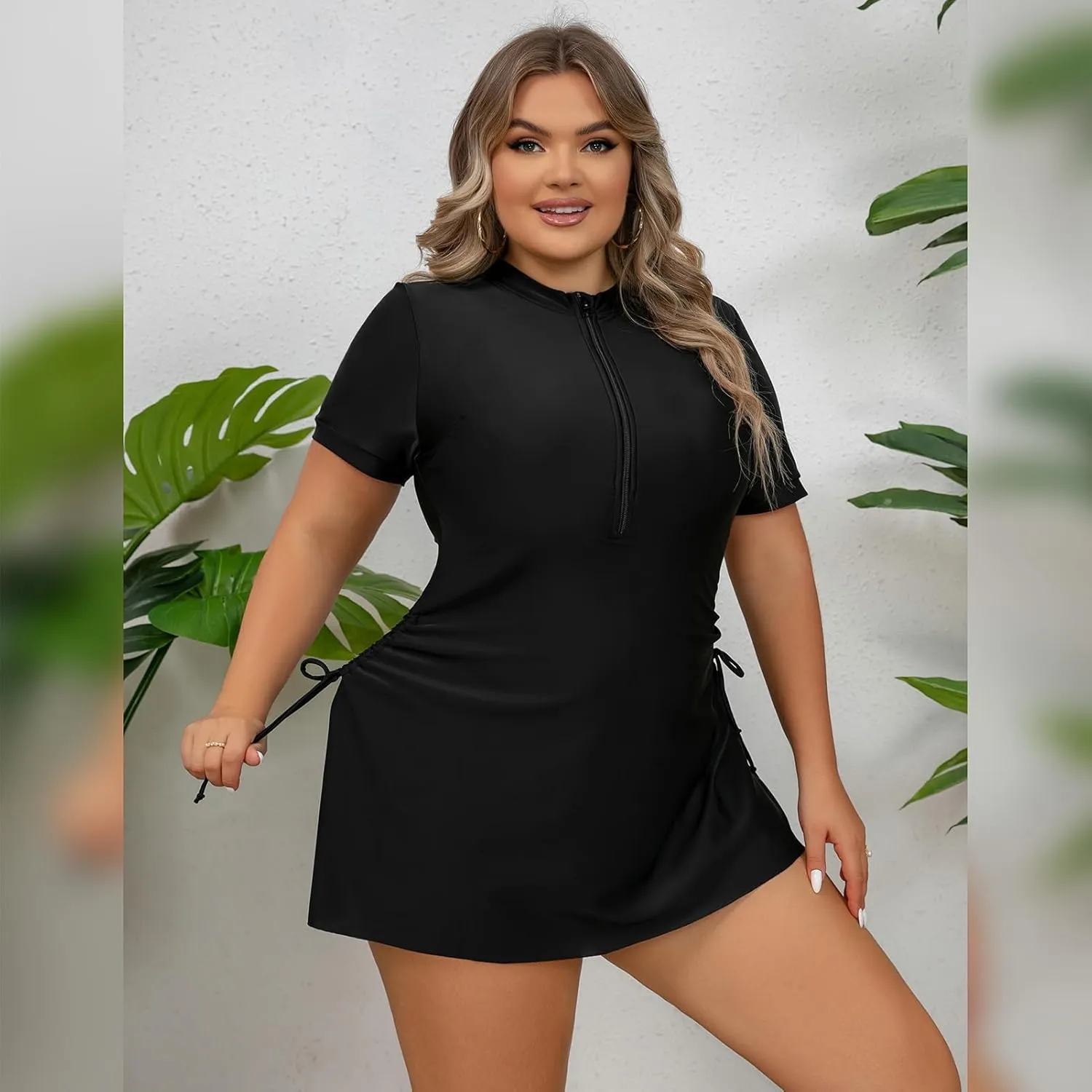 Plus Size Rash Guard for Women Zip Up High Stretchy Long Sleeve One Piece Sun Protection Swimsuits Bathing Suit
