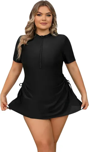 Plus Size Rash Guard for Women Zip Up High Stretchy Long Sleeve One Piece Sun Protection Swimsuits Bathing Suit
