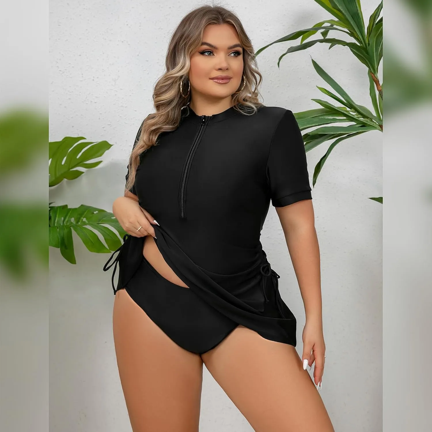 Plus Size Rash Guard for Women Zip Up High Stretchy Long Sleeve One Piece Sun Protection Swimsuits Bathing Suit