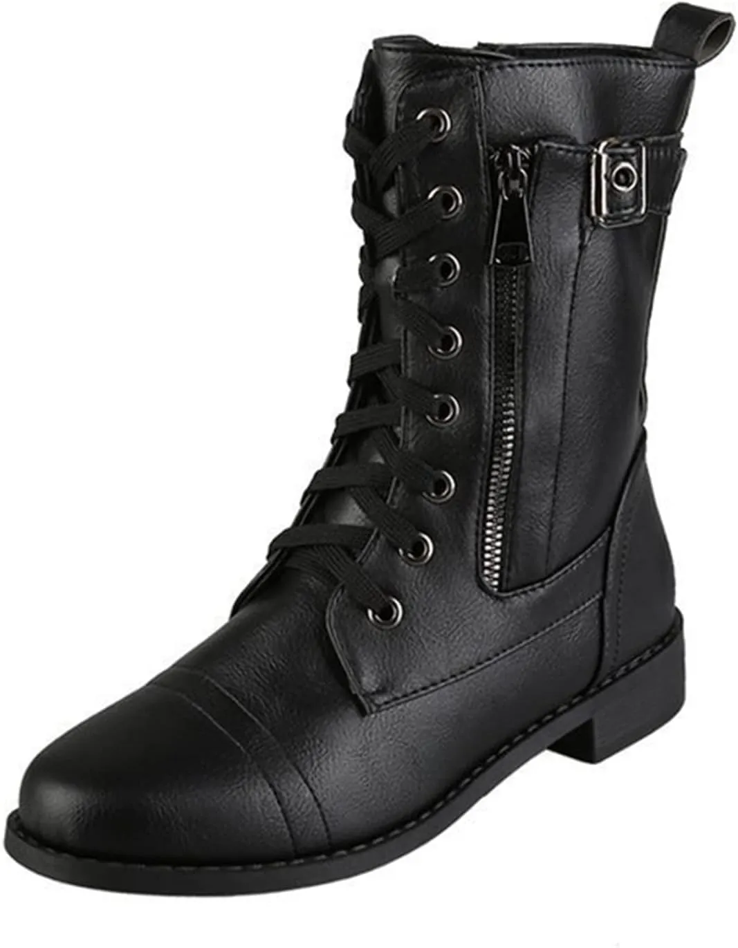 PURCHAWEE Women's Vintage Leather Flat Heel Mid Knee High Boots,Slouchy Non-slip Side Zipper Buckle Combat Boots Cowgirl Rider Boots