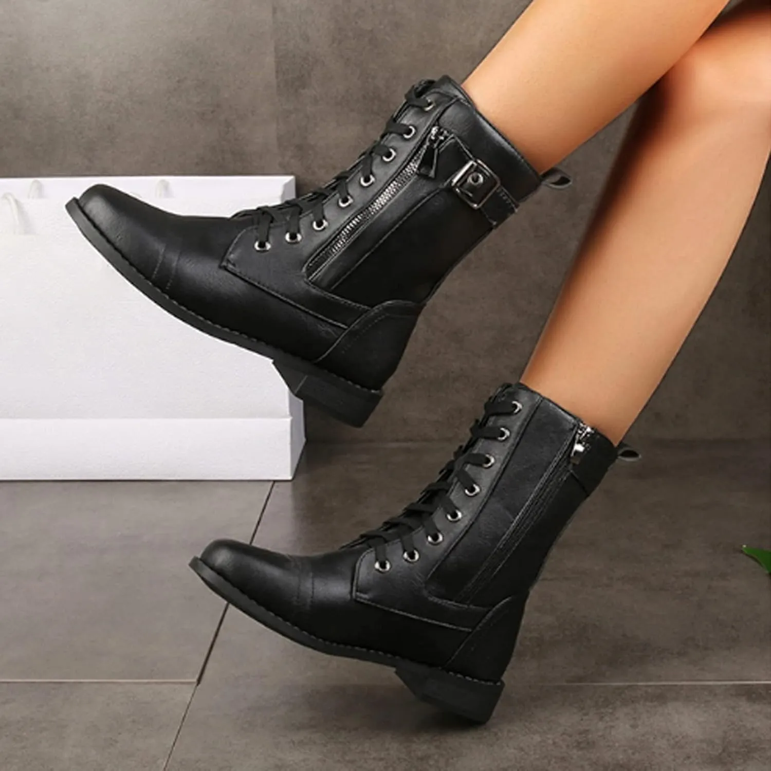 PURCHAWEE Women's Vintage Leather Flat Heel Mid Knee High Boots,Slouchy Non-slip Side Zipper Buckle Combat Boots Cowgirl Rider Boots