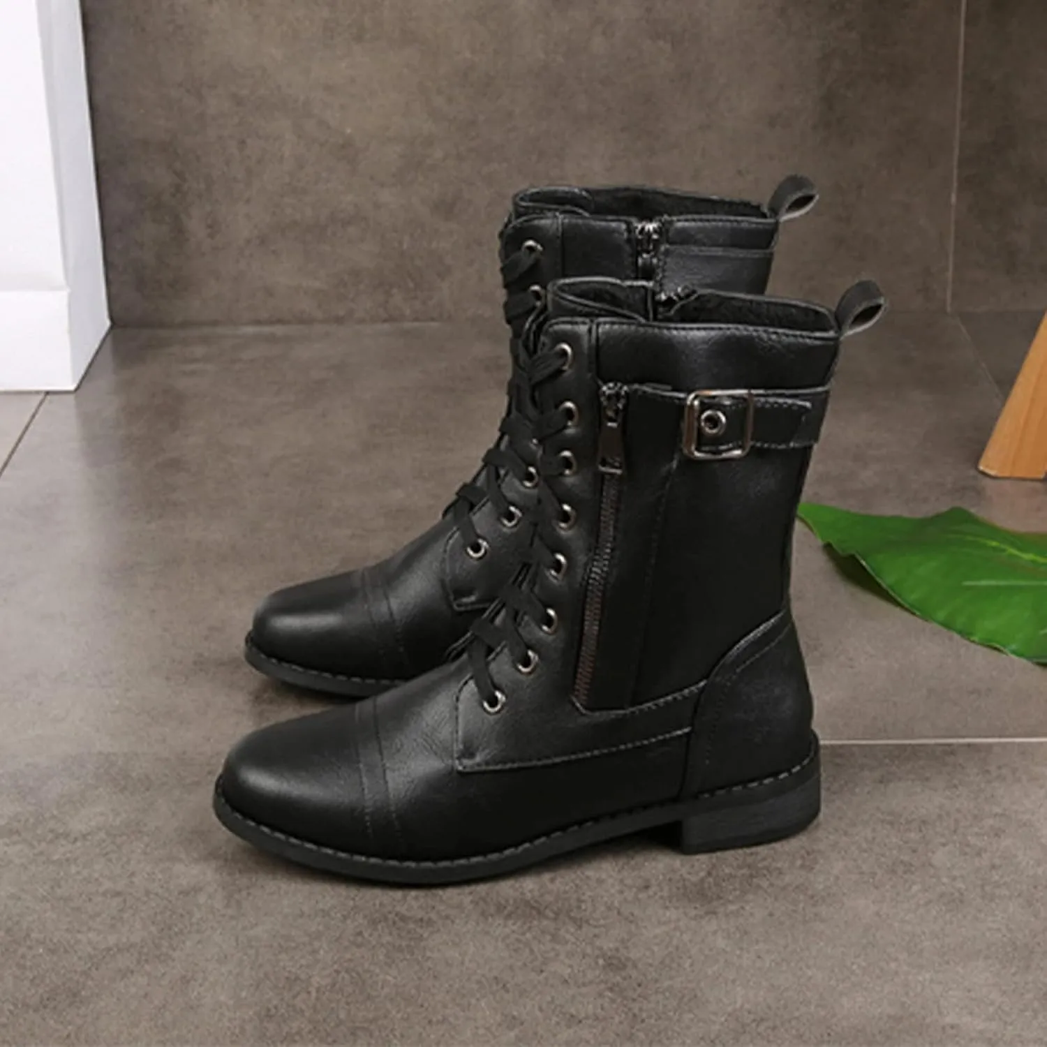PURCHAWEE Women's Vintage Leather Flat Heel Mid Knee High Boots,Slouchy Non-slip Side Zipper Buckle Combat Boots Cowgirl Rider Boots