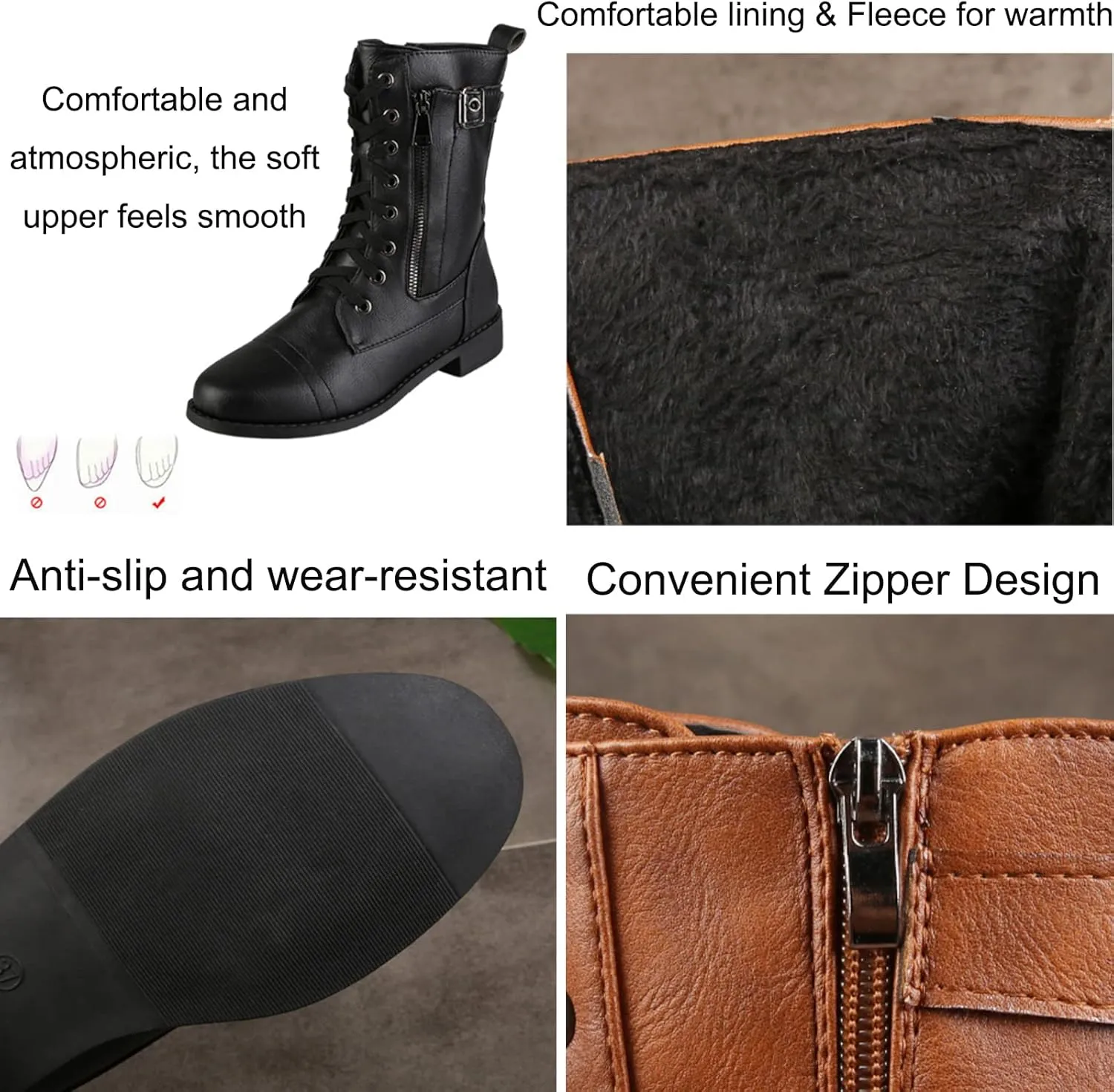 PURCHAWEE Women's Vintage Leather Flat Heel Mid Knee High Boots,Slouchy Non-slip Side Zipper Buckle Combat Boots Cowgirl Rider Boots