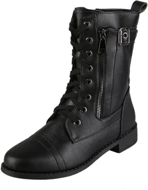 PURCHAWEE Women's Vintage Leather Flat Heel Mid Knee High Boots,Slouchy Non-slip Side Zipper Buckle Combat Boots Cowgirl Rider Boots