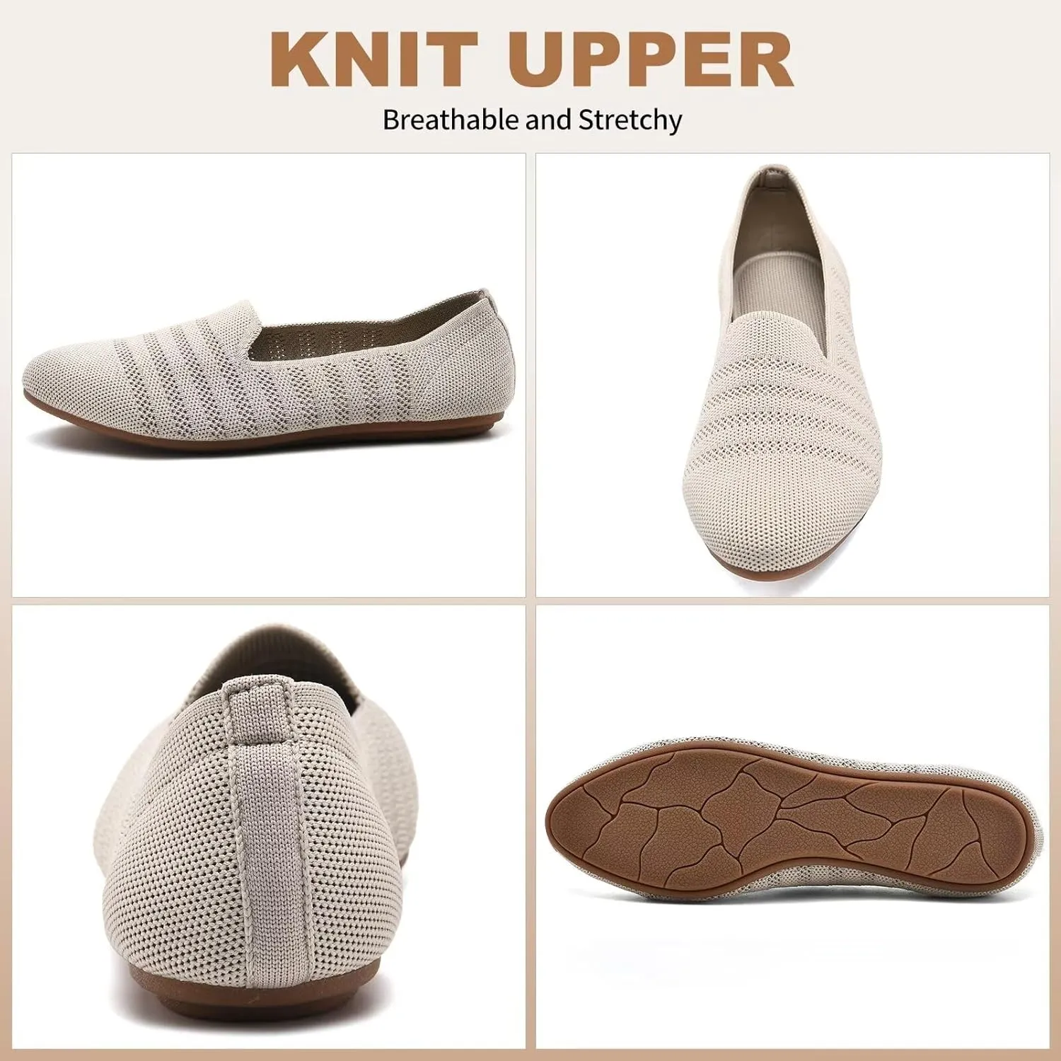 Puxowe Women's Knit Ballet Flats Slip-On Shoes with Low Wedge Sole - Comfortable Round Toe Shoes for Walking, Dress & Casual Outfits