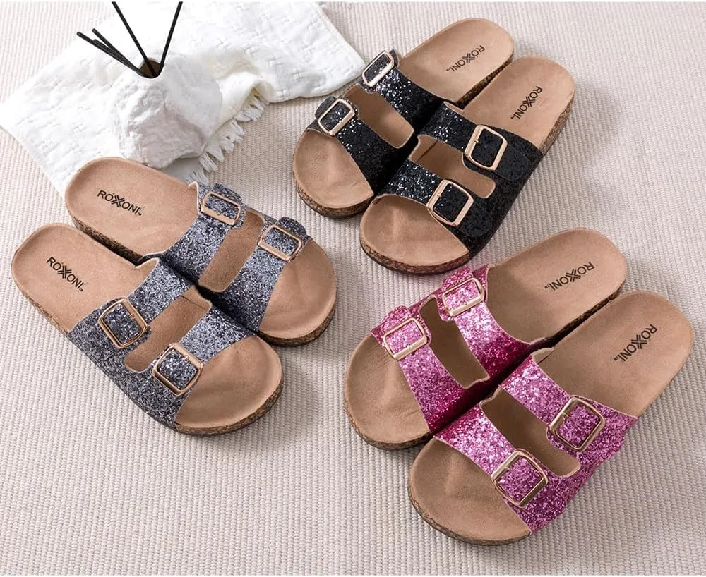 Roxoni Women's Party Gliters Comfort Flat Sandals Double Buckle Adjustable Straps Flat Slides Footbed Suede