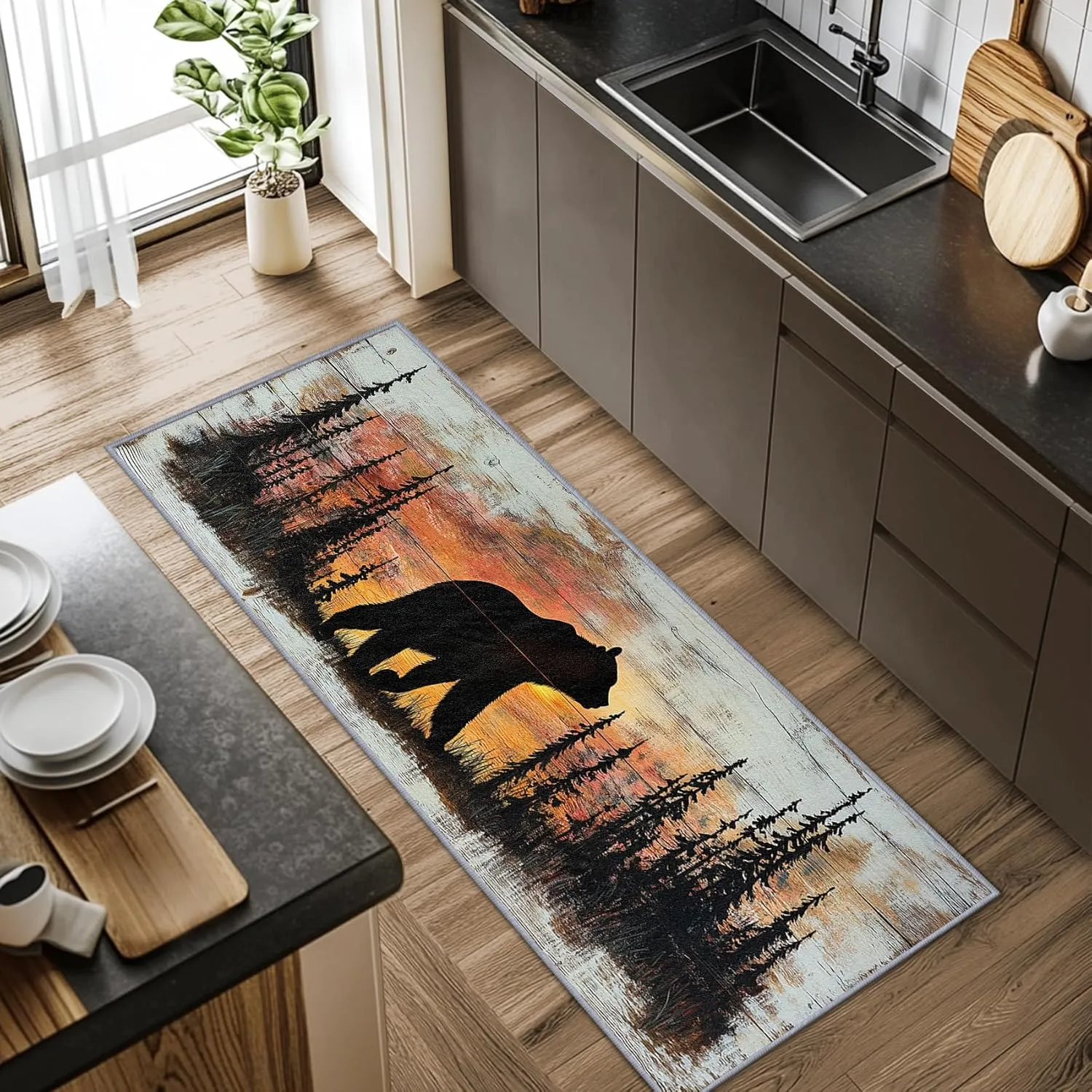 Rustic Rugs for Bedroom, Grizzly Bear Runner Rug, 2x6ft, Forest Landscape Cabin Animal Runners for Hallways, Farmhouse Lodge Country Runner Rug Non Slip Soft - Grizzly Bear Home Decor