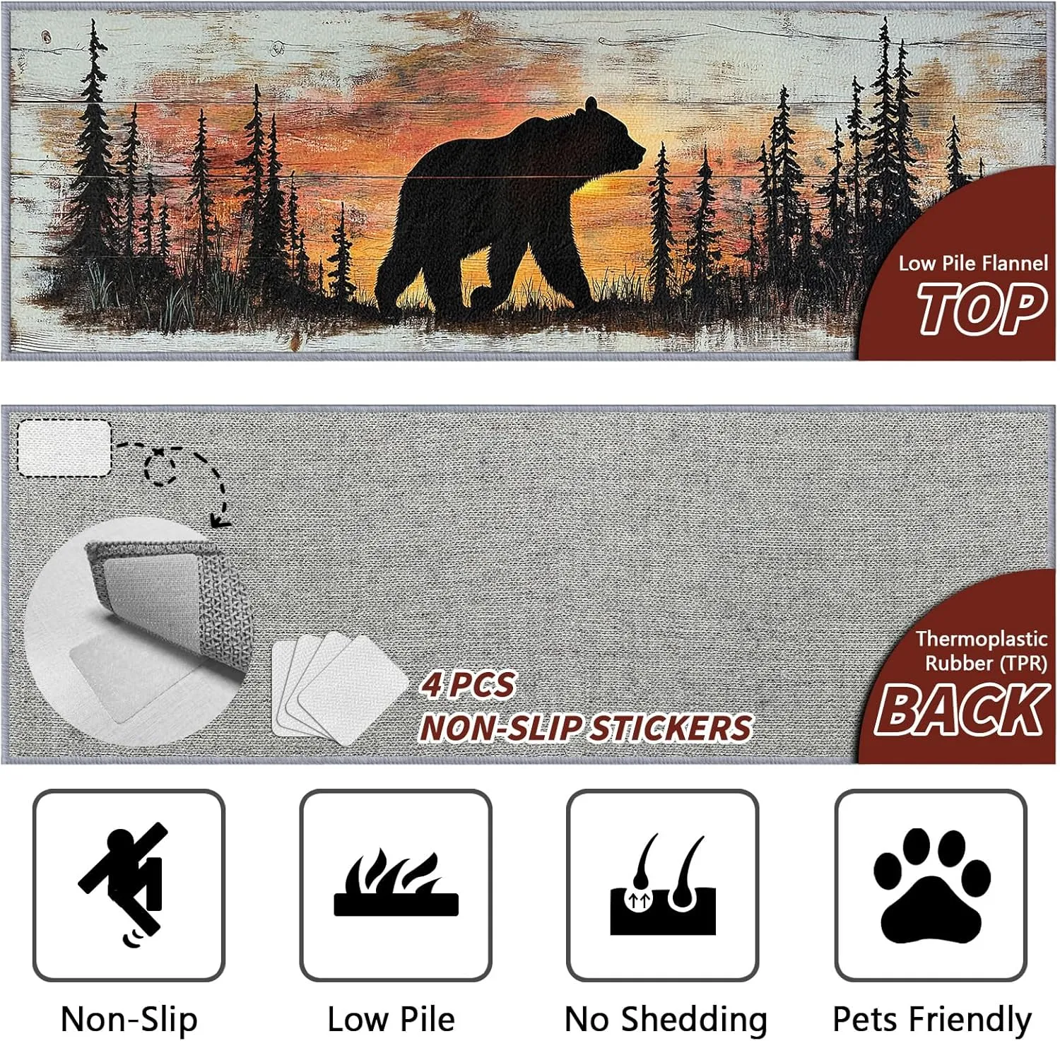 Rustic Rugs for Bedroom, Grizzly Bear Runner Rug, 2x6ft, Forest Landscape Cabin Animal Runners for Hallways, Farmhouse Lodge Country Runner Rug Non Slip Soft - Grizzly Bear Home Decor