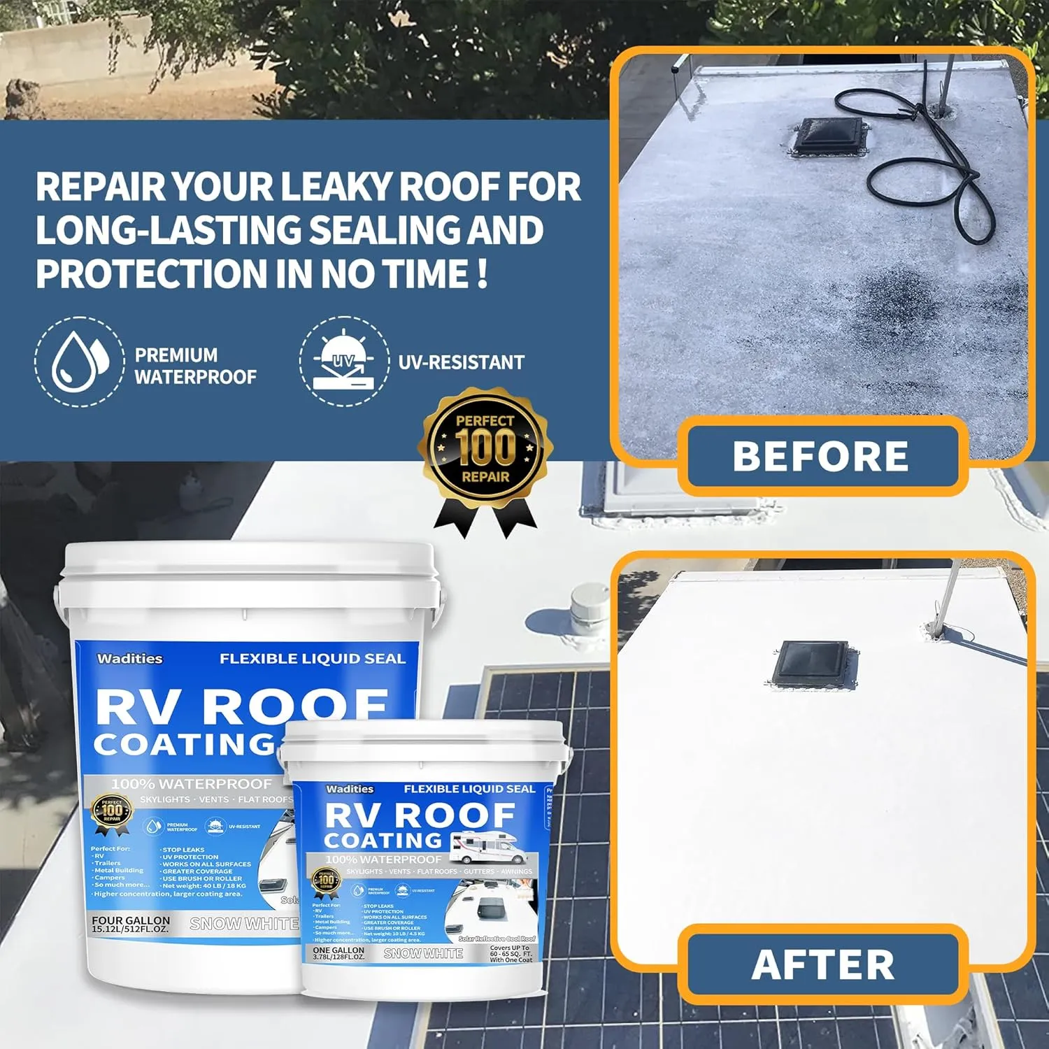RV Roof Coating White, Wadities Waterproof Solar Reflective Sealant, Flexible RV Roof Sealant for Campers, Trailers, Motorhomes, Metal Buildings and Leak Repairs - 4 Gallon