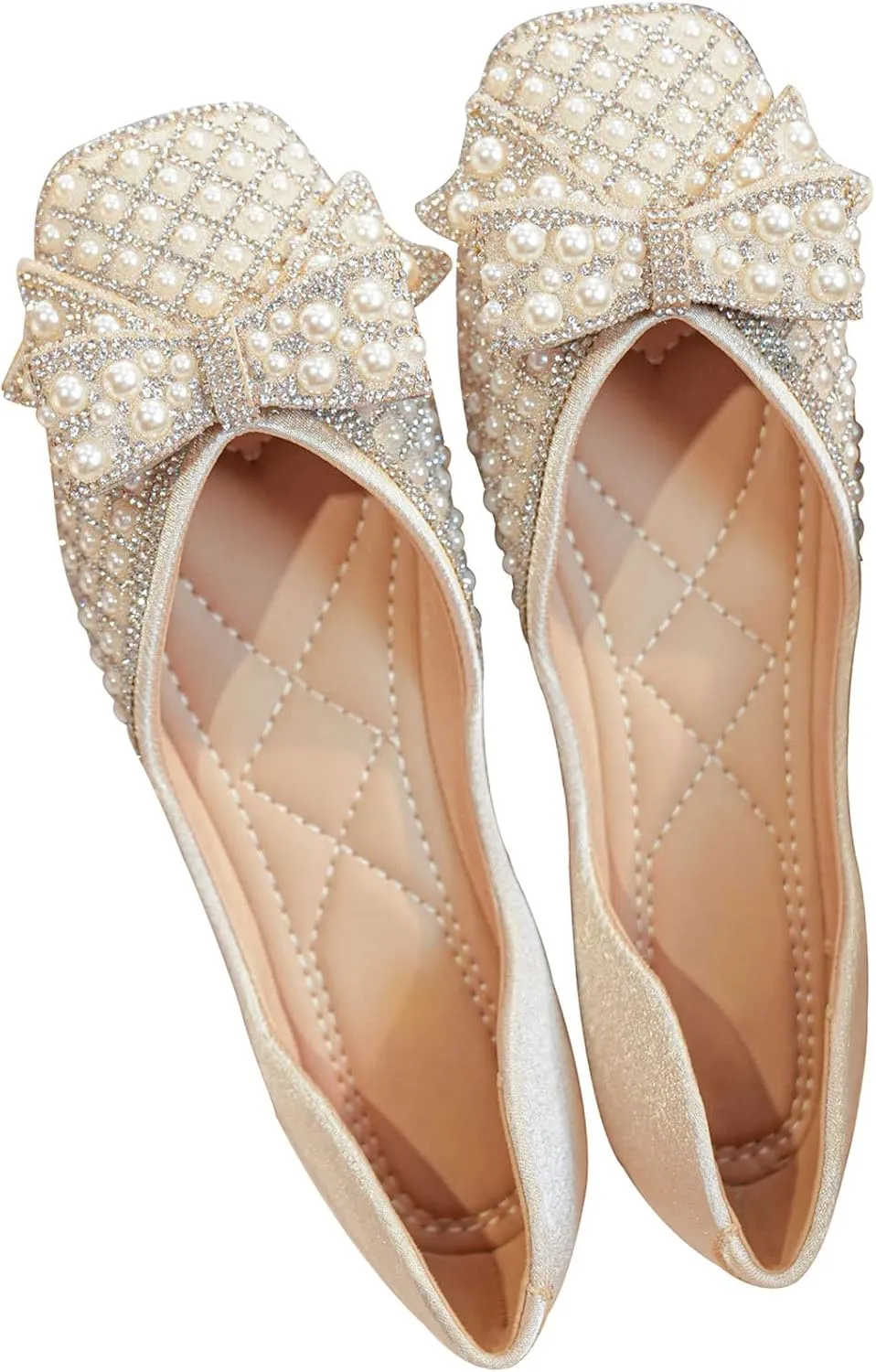 SAILING LU Rhinestones Flats Bow-Knot Shoes Women Dressy Square Toe Bridal Shoes for Wedding Comfortable Loafers Slip-ons