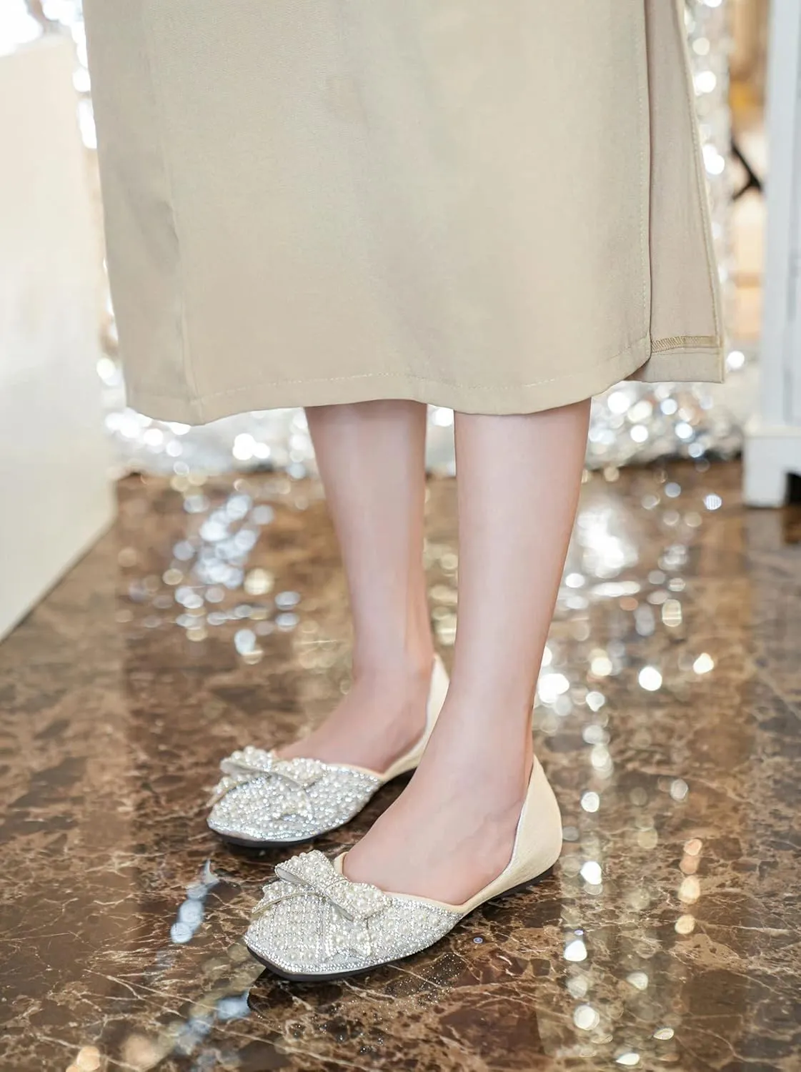 SAILING LU Rhinestones Flats Bow-Knot Shoes Women Dressy Square Toe Bridal Shoes for Wedding Comfortable Loafers Slip-ons