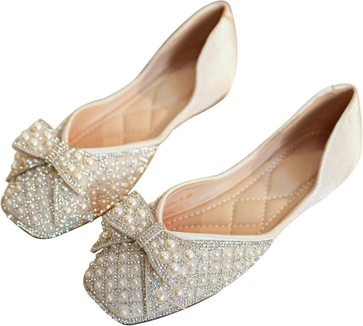 SAILING LU Rhinestones Flats Bow-Knot Shoes Women Dressy Square Toe Bridal Shoes for Wedding Comfortable Loafers Slip-ons