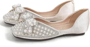 SAILING LU Rhinestones Flats Bow-Knot Shoes Women Dressy Square Toe Bridal Shoes for Wedding Comfortable Loafers Slip-ons