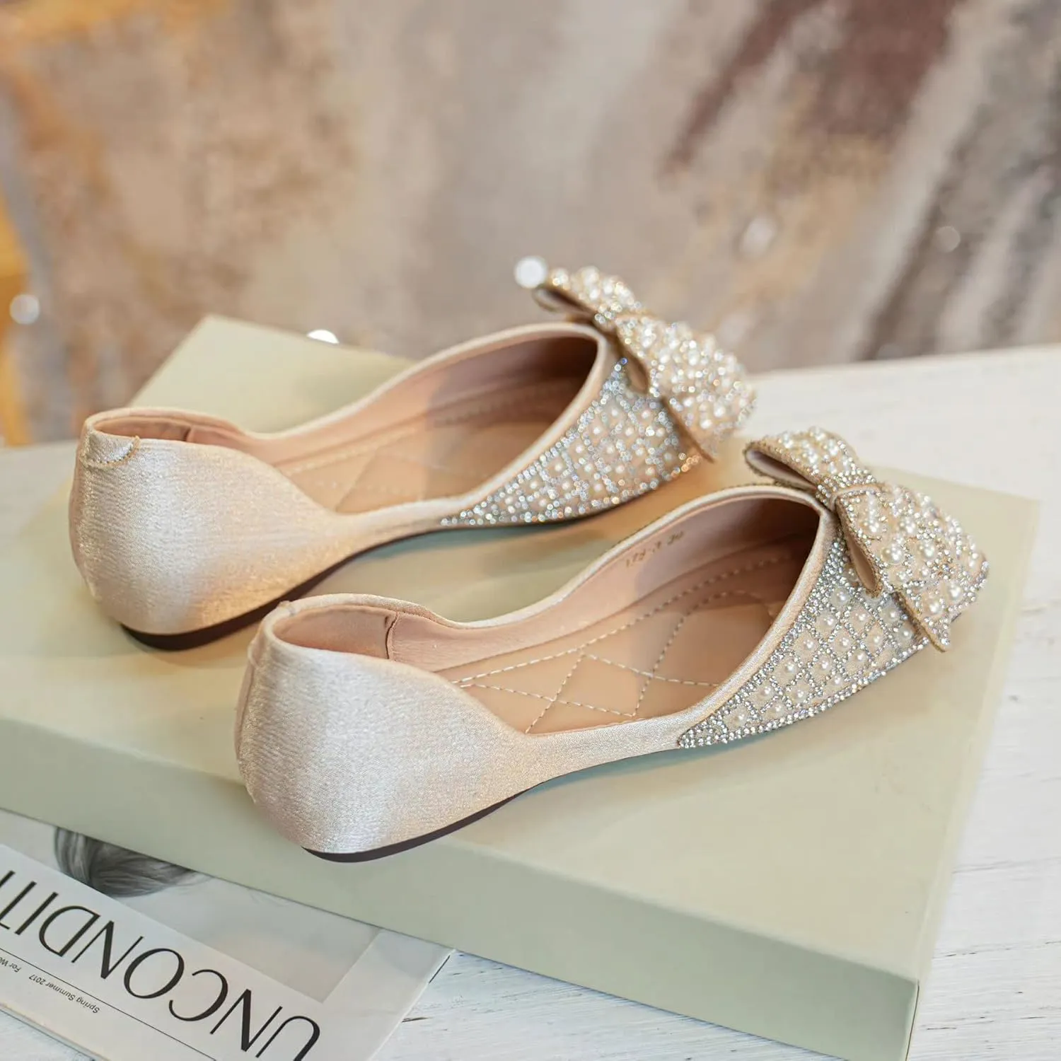 SAILING LU Rhinestones Flats Bow-Knot Shoes Women Dressy Square Toe Bridal Shoes for Wedding Comfortable Loafers Slip-ons