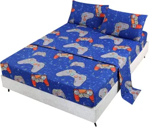 SDIII 4PCS Blue Gamer Sheets Set, Bed in a Bag Gaming Bedding Sheet, Wrinkle and Fade Resistant, Soft Queen Sheets for Kids, Boys and Girls