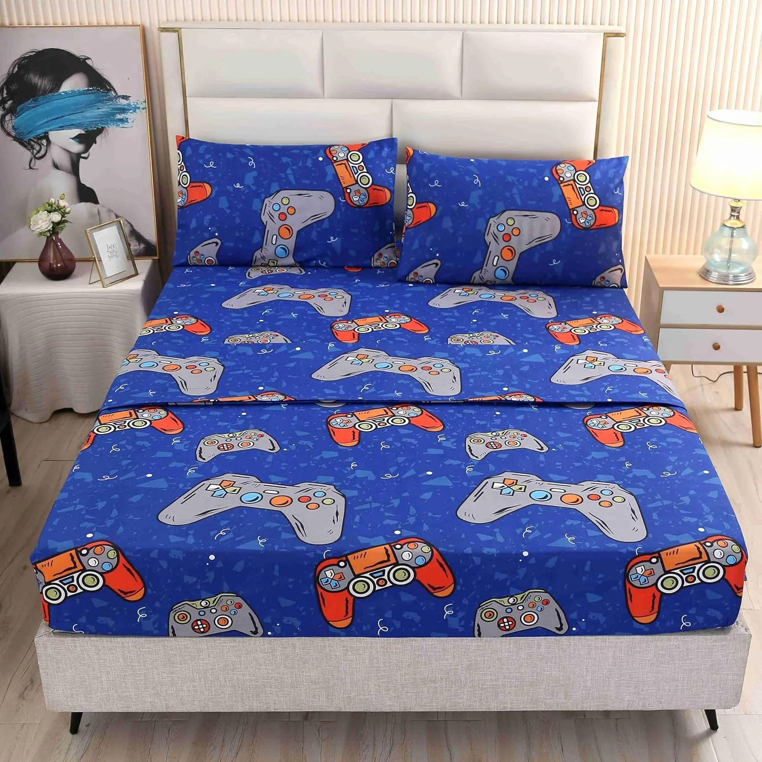 SDIII 4PCS Blue Gamer Sheets Set, Bed in a Bag Gaming Bedding Sheet, Wrinkle and Fade Resistant, Soft Queen Sheets for Kids, Boys and Girls