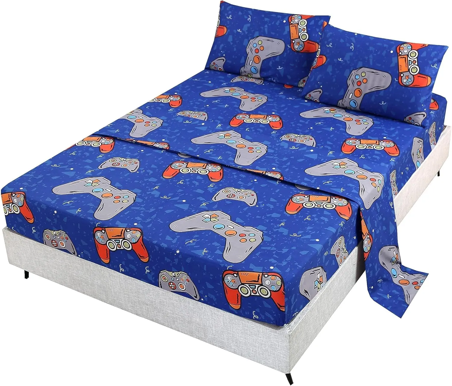 SDIII 4PCS Blue Gamer Sheets Set, Bed in a Bag Gaming Bedding Sheet, Wrinkle and Fade Resistant, Soft Queen Sheets for Kids, Boys and Girls