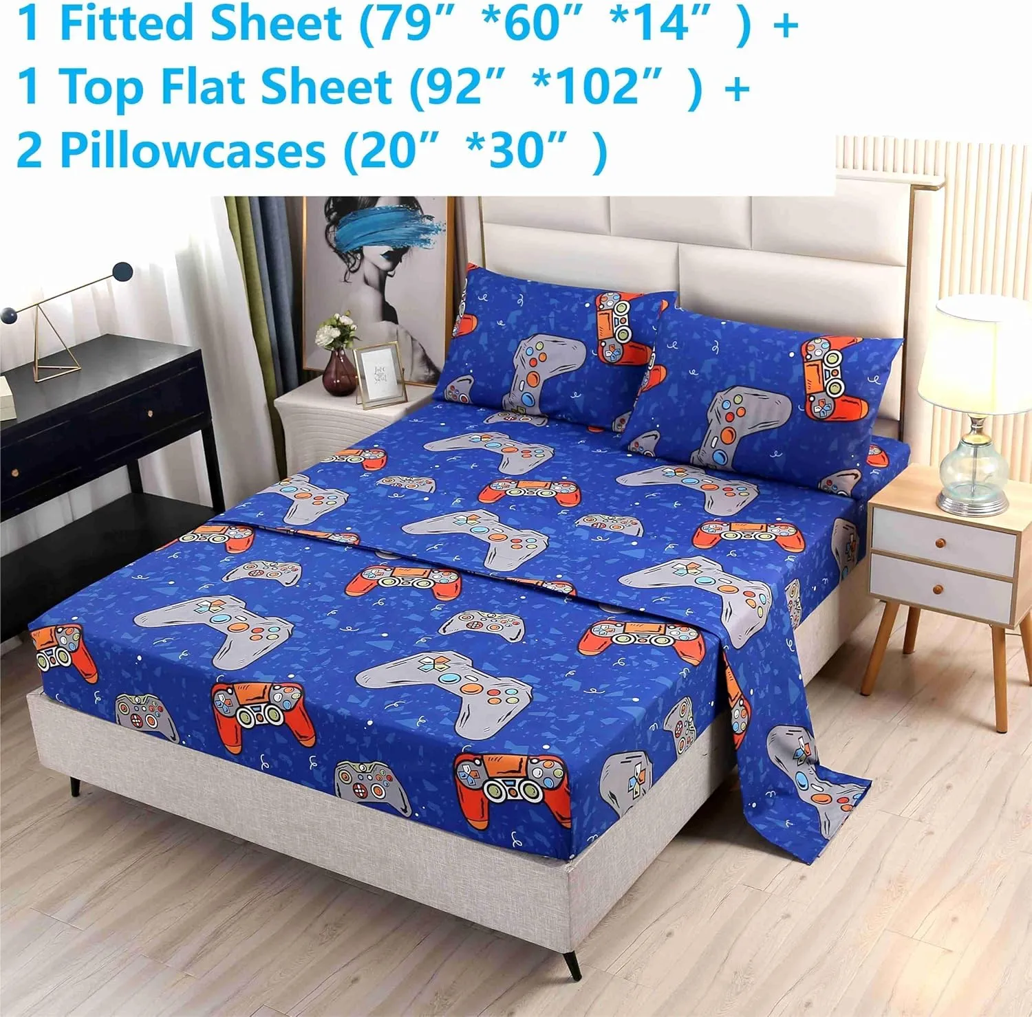 SDIII 4PCS Blue Gamer Sheets Set, Bed in a Bag Gaming Bedding Sheet, Wrinkle and Fade Resistant, Soft Queen Sheets for Kids, Boys and Girls