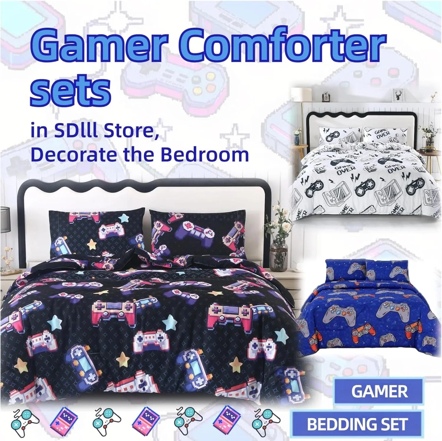 SDIII 4PCS Blue Gamer Sheets Set, Bed in a Bag Gaming Bedding Sheet, Wrinkle and Fade Resistant, Soft Queen Sheets for Kids, Boys and Girls