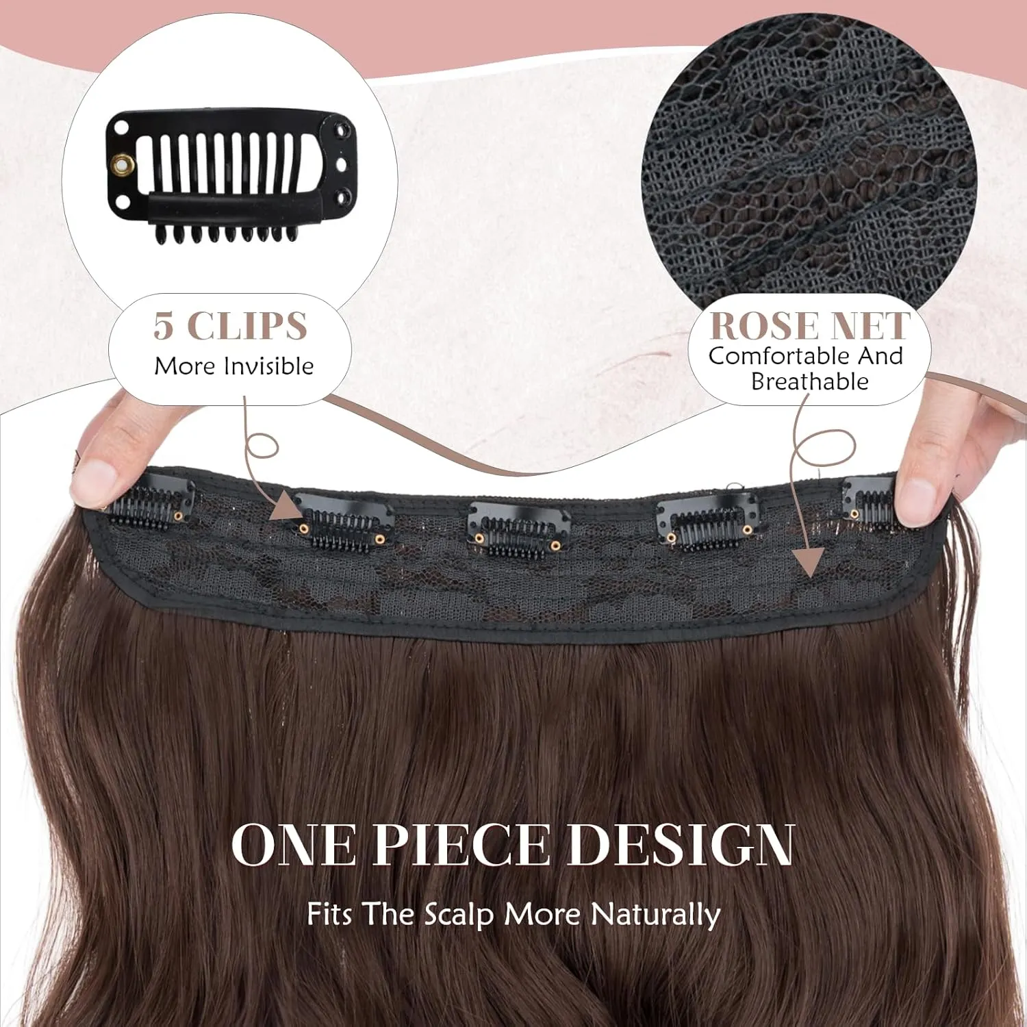 SEGO One Pieces 5 Clips in Hair Extensions Wavy Natural Soft Synthetic Hairpieces for Women Hair Clip Extensions for Women,24inch Chocalate Brown,180g