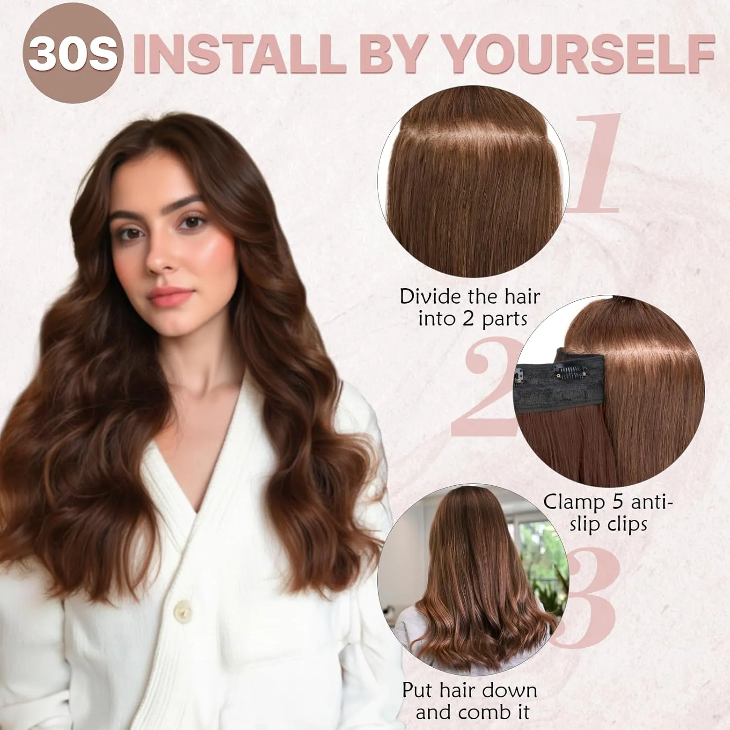 SEGO One Pieces 5 Clips in Hair Extensions Wavy Natural Soft Synthetic Hairpieces for Women Hair Clip Extensions for Women,24inch Chocalate Brown,180g