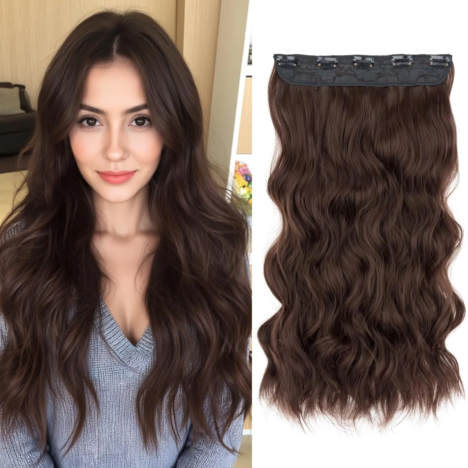 SEGO One Pieces 5 Clips in Hair Extensions Wavy Natural Soft Synthetic Hairpieces for Women Hair Clip Extensions for Women,24inch Chocalate Brown,180g
