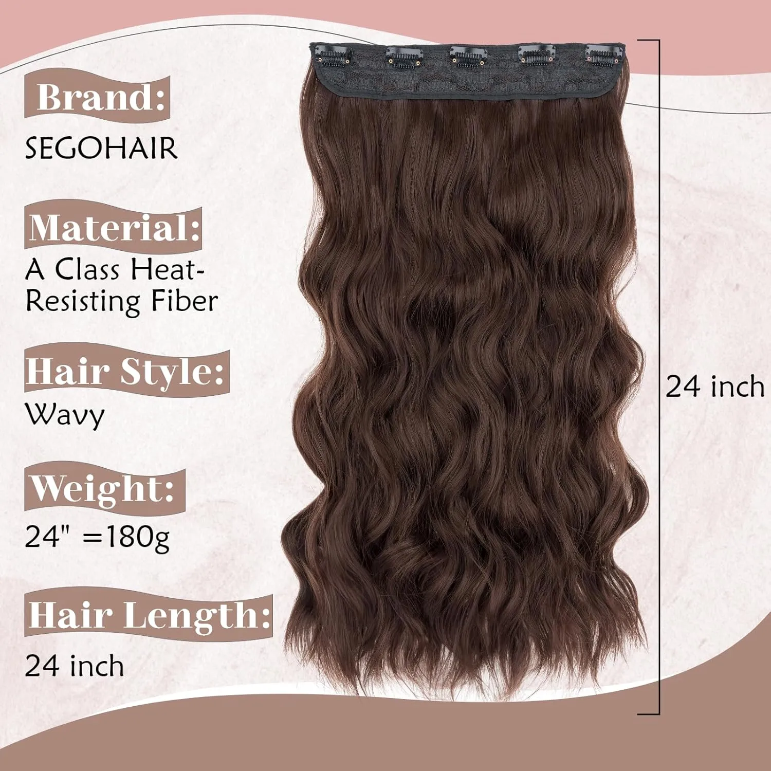 SEGO One Pieces 5 Clips in Hair Extensions Wavy Natural Soft Synthetic Hairpieces for Women Hair Clip Extensions for Women,24inch Chocalate Brown,180g