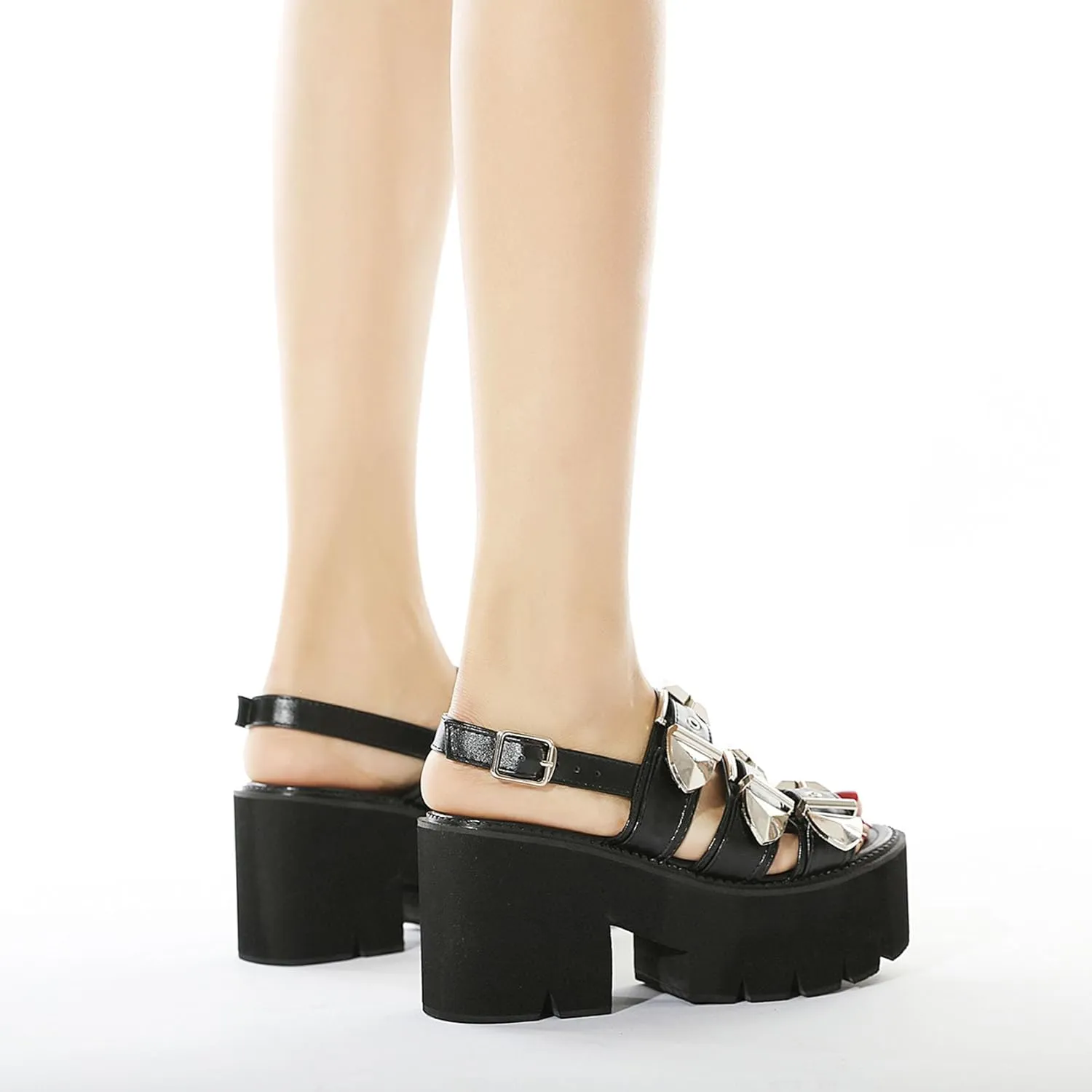 SHEMEE Chunky Platform Gladiator Roman Sandals Women Black Punk Goth Shoes Multi Strap Lightweight Fisherman Wedge Sandal