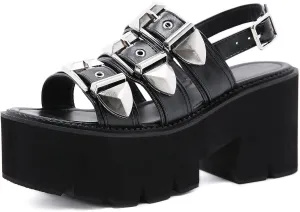 SHEMEE Chunky Platform Gladiator Roman Sandals Women Black Punk Goth Shoes Multi Strap Lightweight Fisherman Wedge Sandal