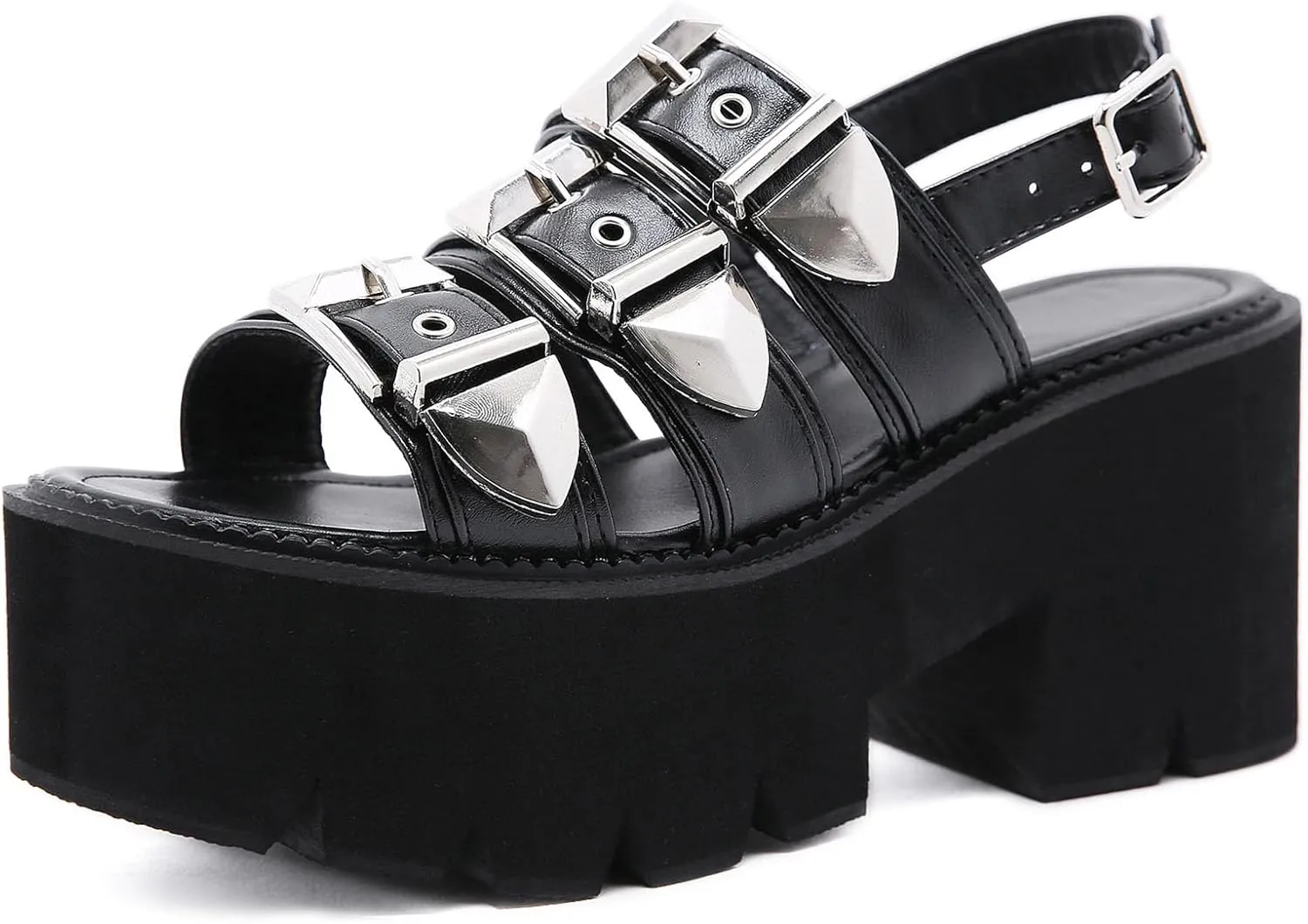 SHEMEE Chunky Platform Gladiator Roman Sandals Women Black Punk Goth Shoes Multi Strap Lightweight Fisherman Wedge Sandal