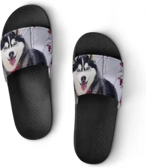 Siberian Husky Dog Snow Day Men's Slide Sandal Non Slip Shower Shoes Bathroom Slippers for Pool Beach