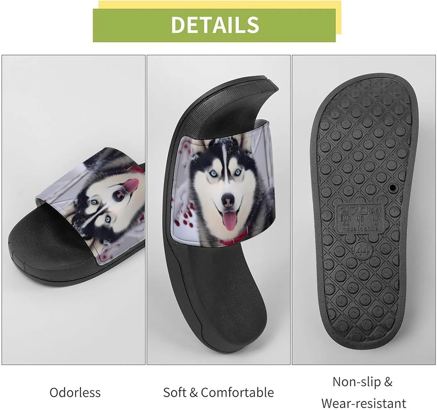 Siberian Husky Dog Snow Day Men's Slide Sandal Non Slip Shower Shoes Bathroom Slippers for Pool Beach