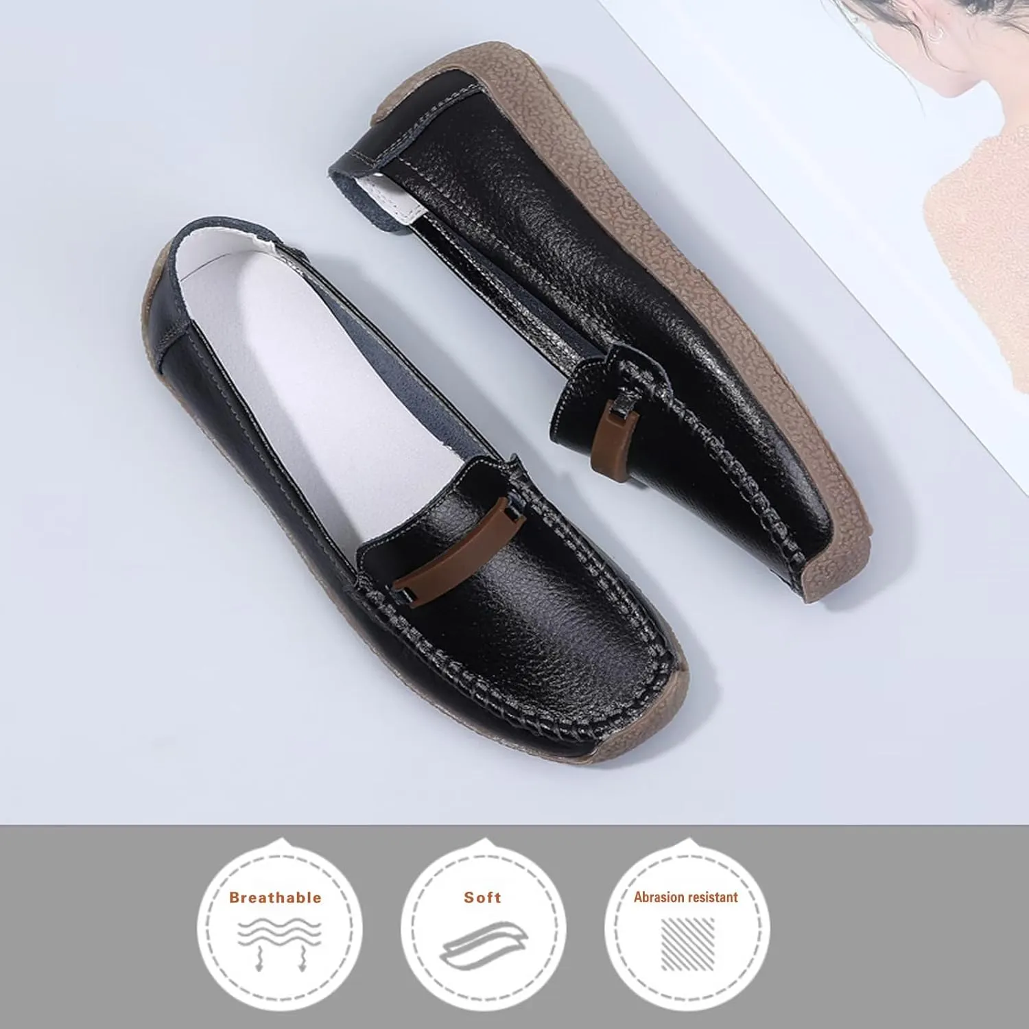 Solaud Women's Leather Loafers Comfort Soft Wild Driving Anti-Collision Penny Moccasins Nurses Work Daily Walking Flats Casual Shoes