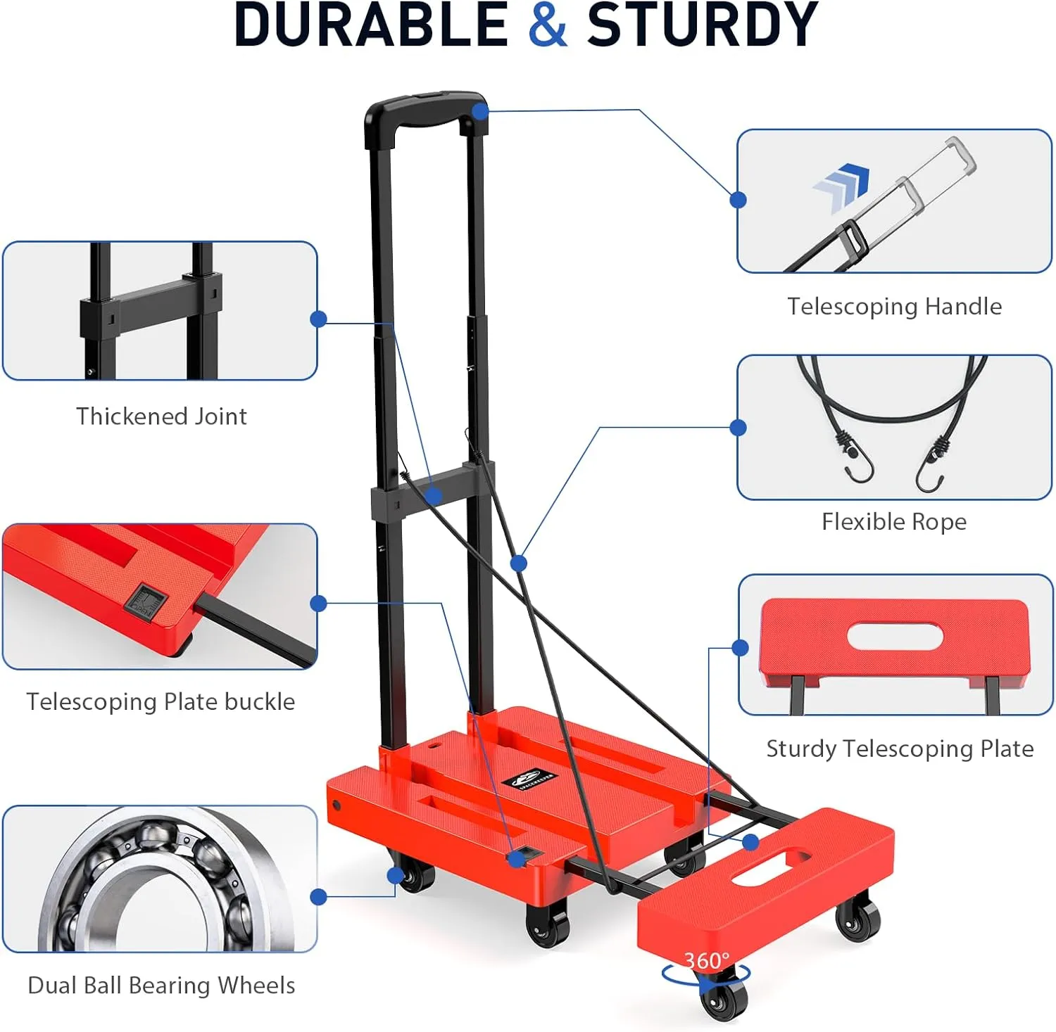 SPACEKEEPER Folding Hand Truck, 500 LB Heavy Duty Luggage Cart, Utility Dolly Platform Cart with 6 Wheels & 2 Elastic Ropes for Luggage, Travel, Moving, Shopping, Office Use, Orange