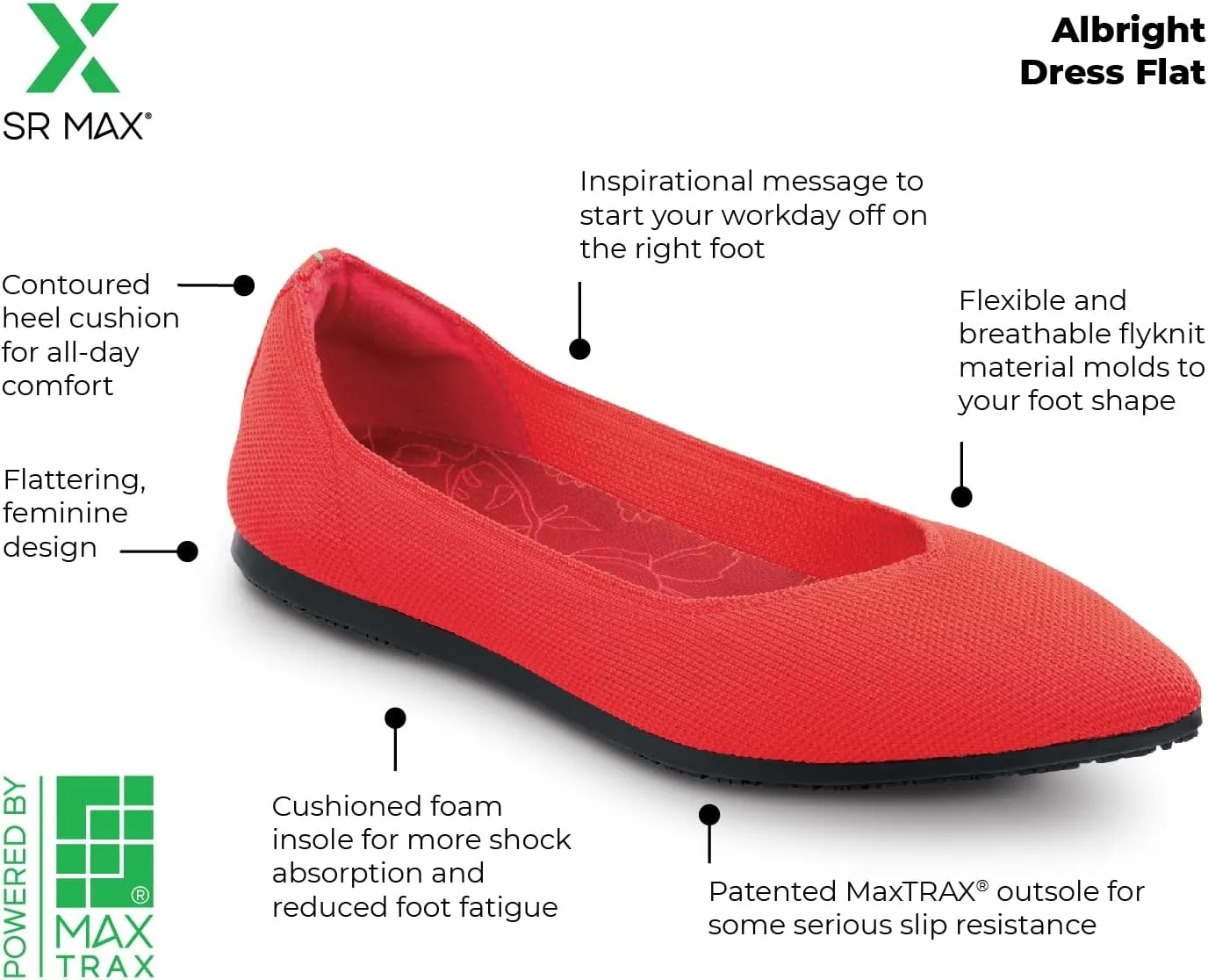 SR Max Albright, Women's, MaxTrax Slip Resistant, Soft Toe, Dress Flat, Work Shoe