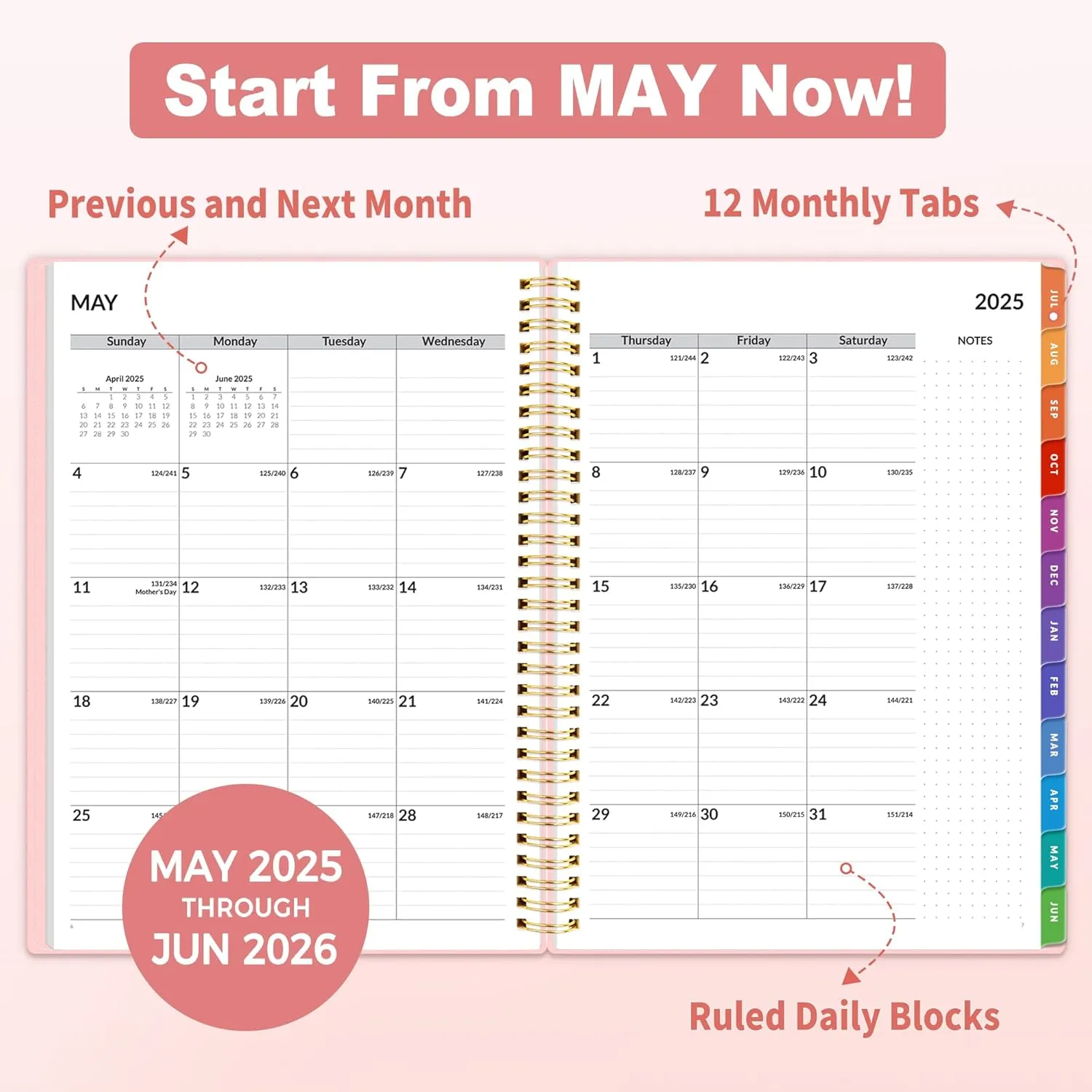 SUNEE Academic Planner 2025-2026 Weekly and Monthly - from July 2025 to June 2026, 6.4"x8.3" School Year Calendar Daily Planner with Monthly Tab, Flexible Cover, Note Pages, Spiral Binding, Pink