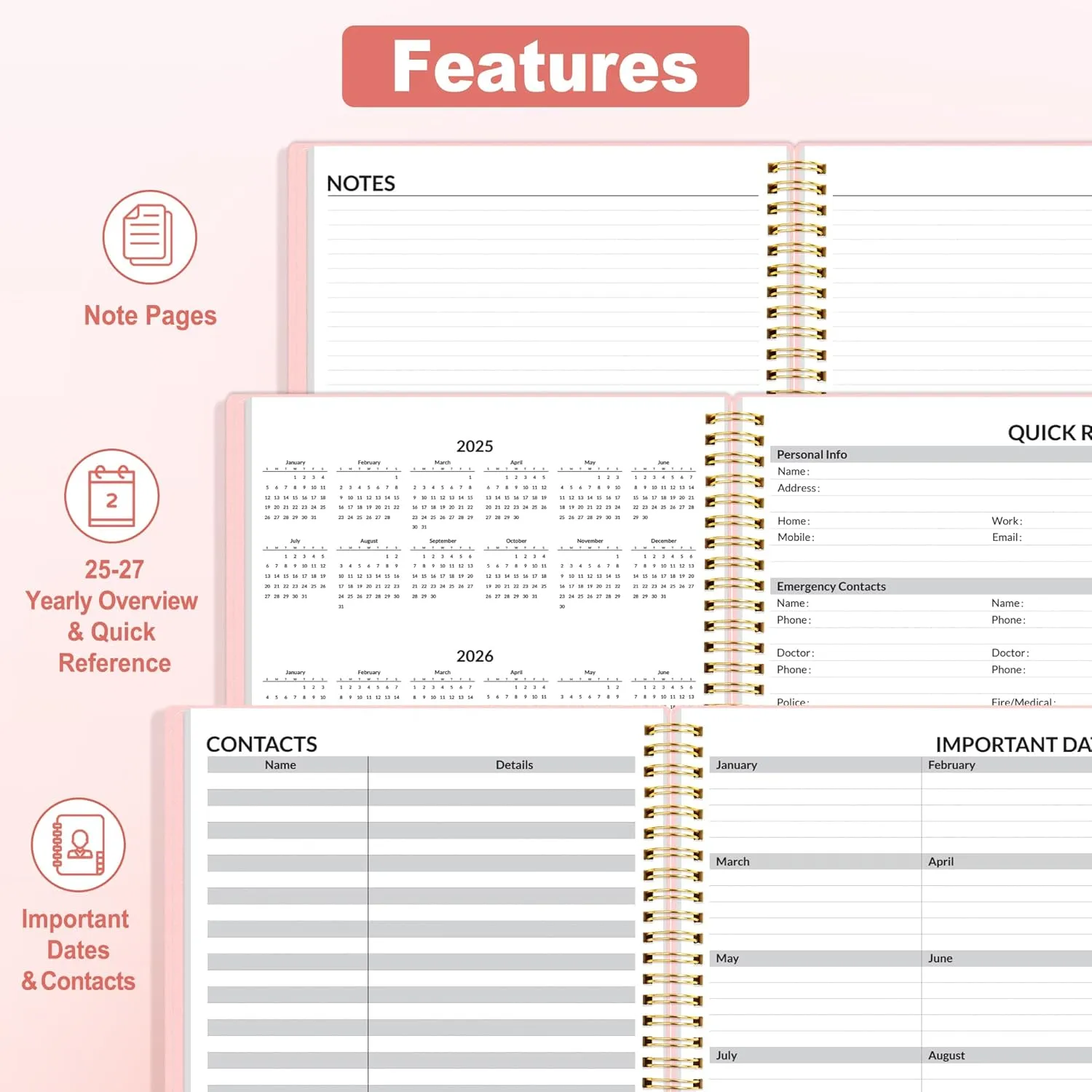 SUNEE Academic Planner 2025-2026 Weekly and Monthly - from July 2025 to June 2026, 6.4"x8.3" School Year Calendar Daily Planner with Monthly Tab, Flexible Cover, Note Pages, Spiral Binding, Pink
