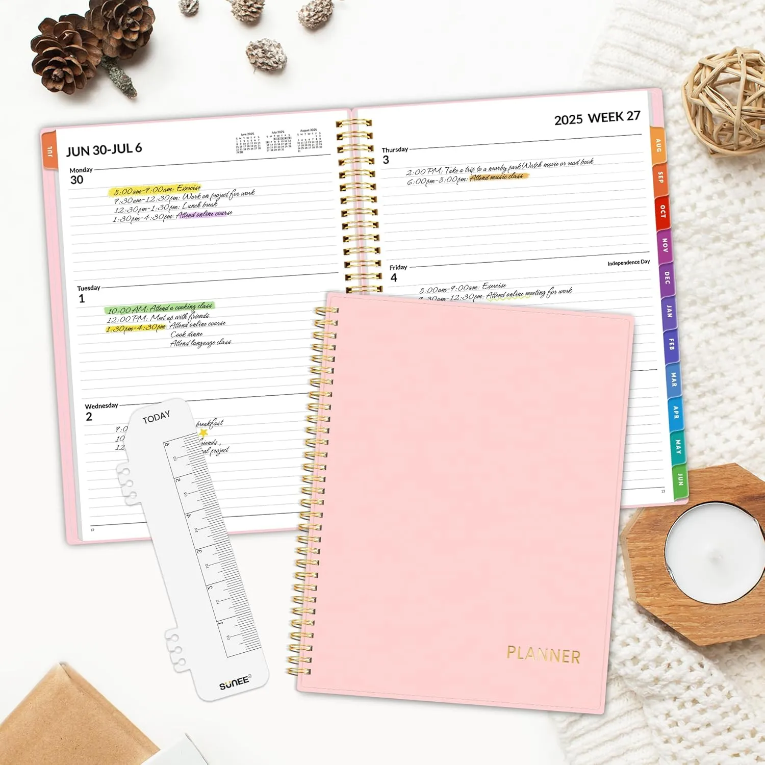 SUNEE Academic Planner 2025-2026 Weekly and Monthly - from July 2025 to June 2026, 6.4"x8.3" School Year Calendar Daily Planner with Monthly Tab, Flexible Cover, Note Pages, Spiral Binding, Pink