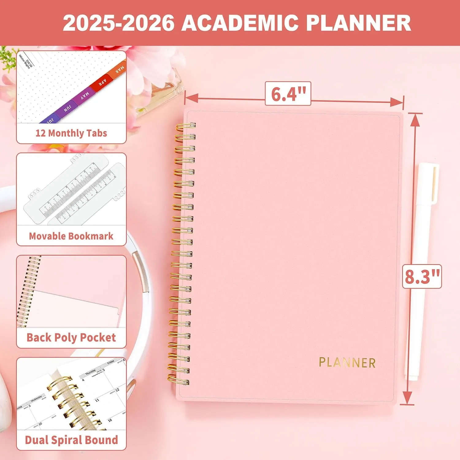 SUNEE Academic Planner 2025-2026 Weekly and Monthly - from July 2025 to June 2026, 6.4"x8.3" School Year Calendar Daily Planner with Monthly Tab, Flexible Cover, Note Pages, Spiral Binding, Pink