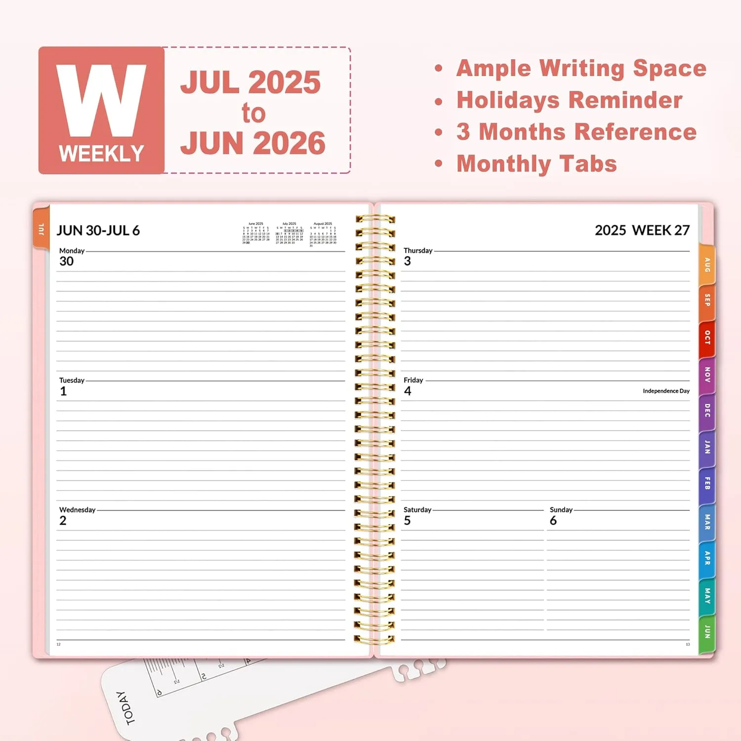 SUNEE Academic Planner 2025-2026 Weekly and Monthly - from July 2025 to June 2026, 6.4"x8.3" School Year Calendar Daily Planner with Monthly Tab, Flexible Cover, Note Pages, Spiral Binding, Pink