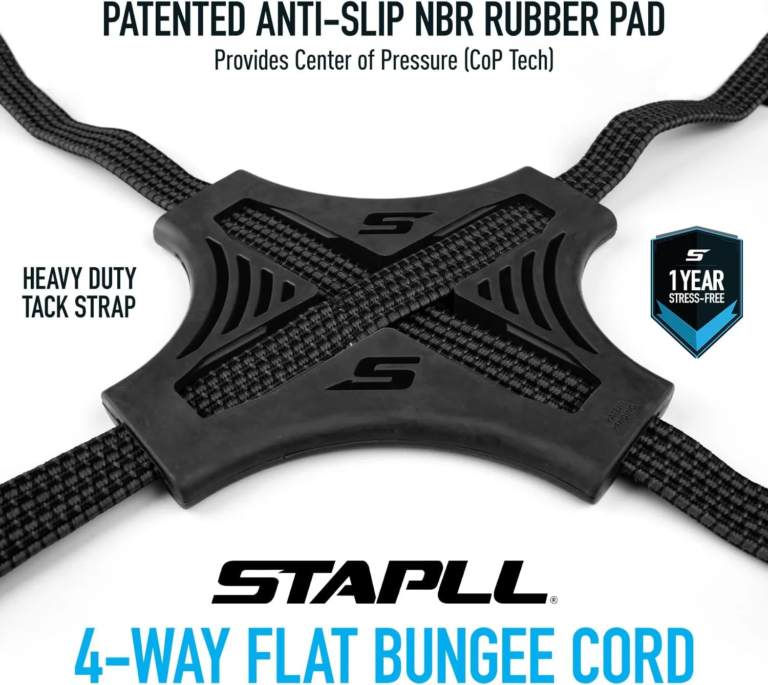 Tack Strap – 4-Way Flat Bungee Cord with Rubber Pad Grip, Non-Slip Tie Down Straps for Motorcycle, ATV, Kayak, Cycling, Camping, Truck Storage, Adjustable Bungee Cords - 2 Pack (Black)
