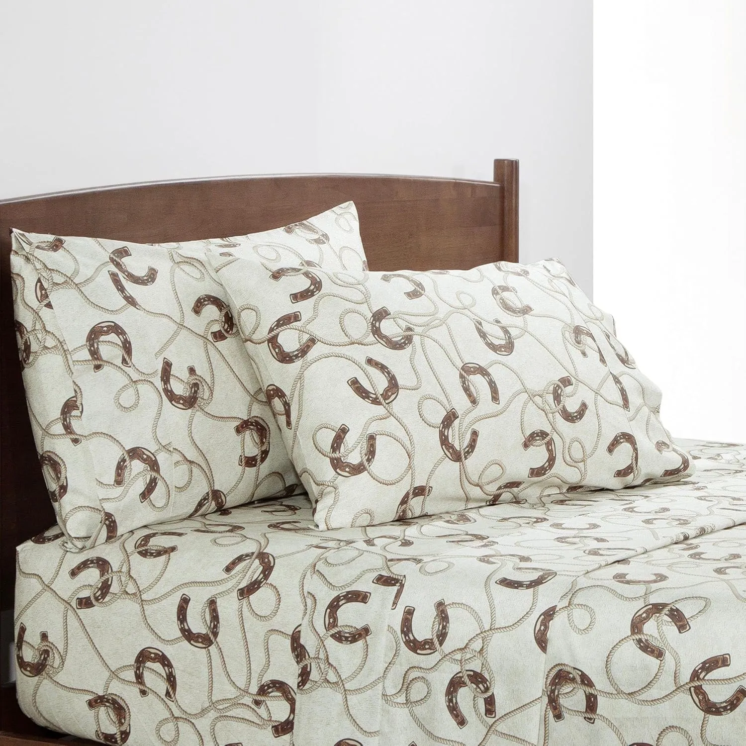 Tasha Polizzi Pierre Equestrian 4 Piece 350TC Cotton Full Sheet Set, Horseshoes Western Sheets, Brown Cream Southwestern Rustic Bedding, 1 Flat Sheet, 1 Fitted Sheet, 2 Pillowcases