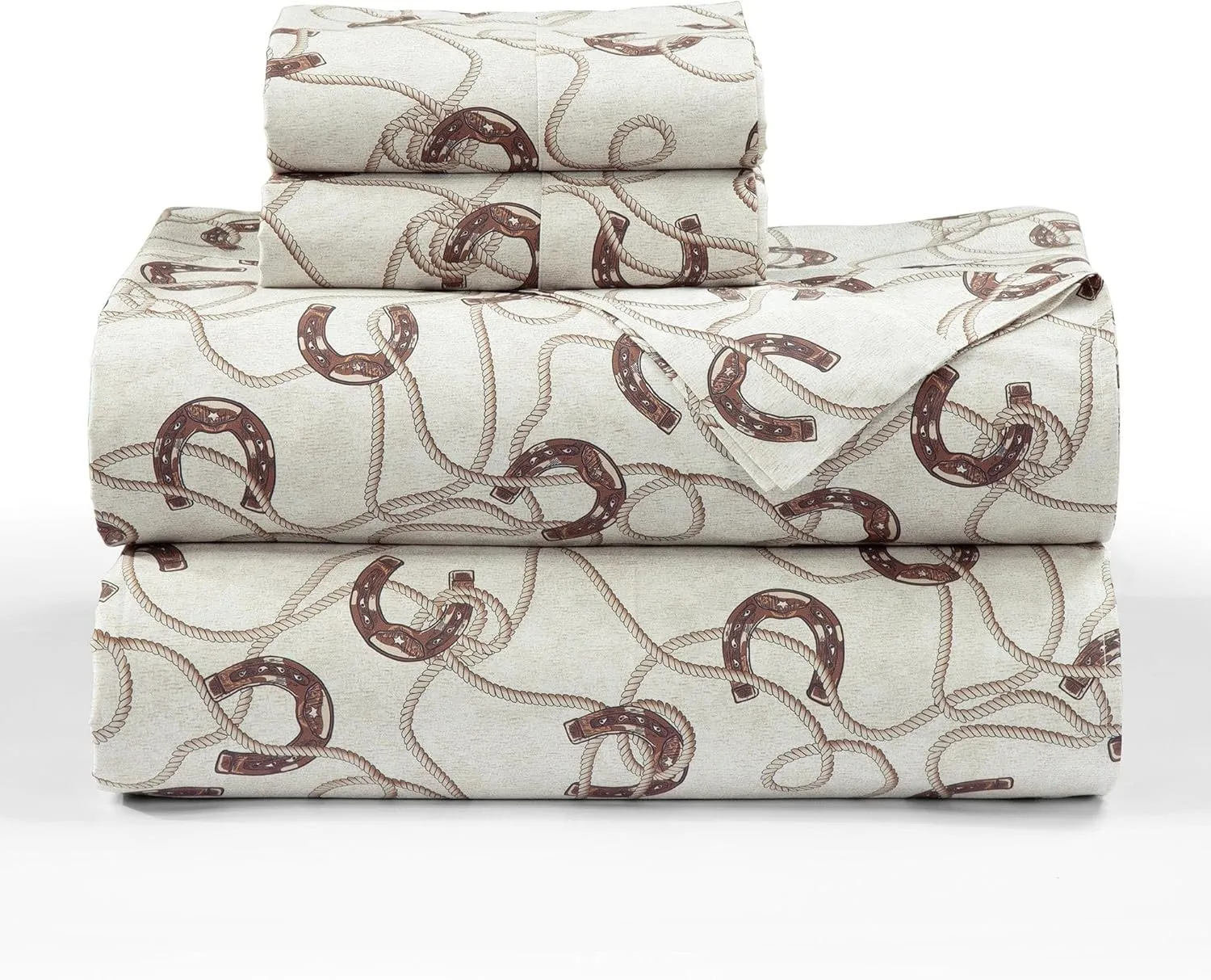 Tasha Polizzi Pierre Equestrian 4 Piece 350TC Cotton Full Sheet Set, Horseshoes Western Sheets, Brown Cream Southwestern Rustic Bedding, 1 Flat Sheet, 1 Fitted Sheet, 2 Pillowcases