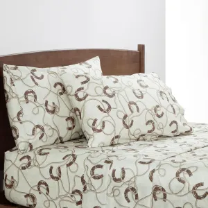 Tasha Polizzi Pierre Equestrian 4 Piece 350TC Cotton Full Sheet Set, Horseshoes Western Sheets, Brown Cream Southwestern Rustic Bedding, 1 Flat Sheet, 1 Fitted Sheet, 2 Pillowcases