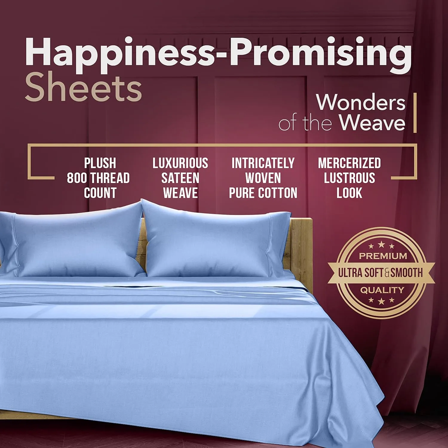 TEXAS LINEN CO. Egyptian Cotton Queen Sheet Set - 800 TC 4 PC Deep Blue Queen Bedsheet for Queen Size Bed, Luxury Hotel Sateen Sheets, Soft Cooling Sheets, 16" Deep Pocket (Fits Upto 18" Mattress)