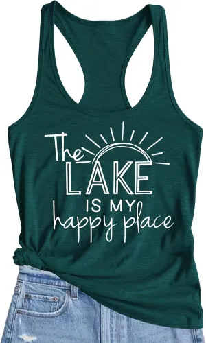 The Lake is My Happy Place T Shirt Women Lake Graphic Summer Sleeveless Shirts